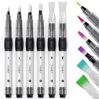 JusArt Water Brush Pens 6-Pack Leak-Proof Refillable Watercolor Pens for Acrylic and Gouache Painting - Includes Pointed & Flat Tip Styles - Portable Water Brushes for Artists, Beginners, Kids - Amazon product rated Grade A