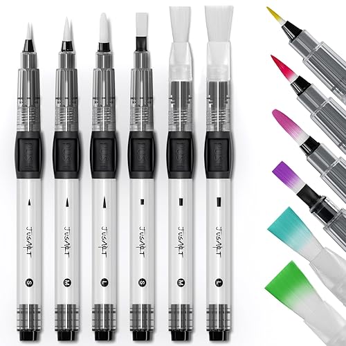 JusArt Water Brush Pens 6-Pack Leak-Proof Refillable Watercolor Pens for