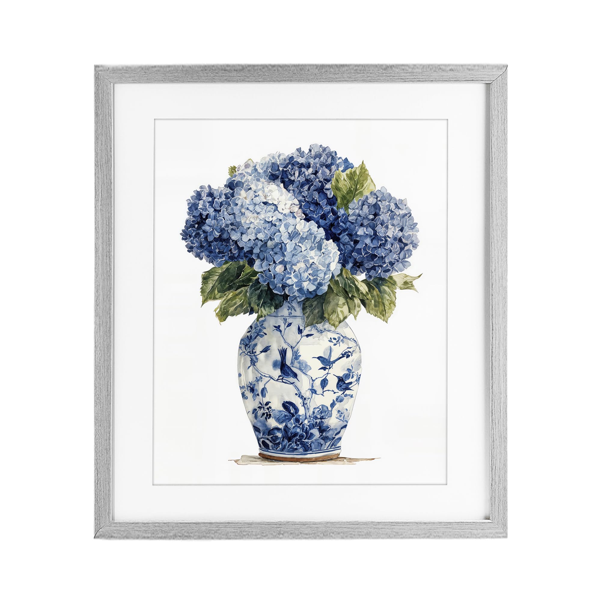 Stupell Industries Farmhouse Gray (Textured) Blue Hydrangeas In Porcelain Floral, 17 X 21 Inch Framed Print Under Glass