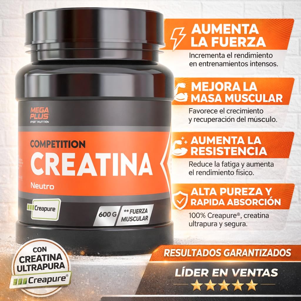Creatina monohidratada - Competition - Mega Plus - Creapure - en polvo - Sabor neutro - batido proteinas - Sin aditivos - Vegana - Para mejorar el Rendimiento y la Potencia Muscular - 600gr (170006)