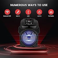 Vista 3 de Pyle Altavoz PA Bluetooth portátil de 400 W, sistema de subwoofer de 8 pulgadas, 4 ohmios/55-20 kHz, radio USB/MP3/FM/entradas de micrófono, luces