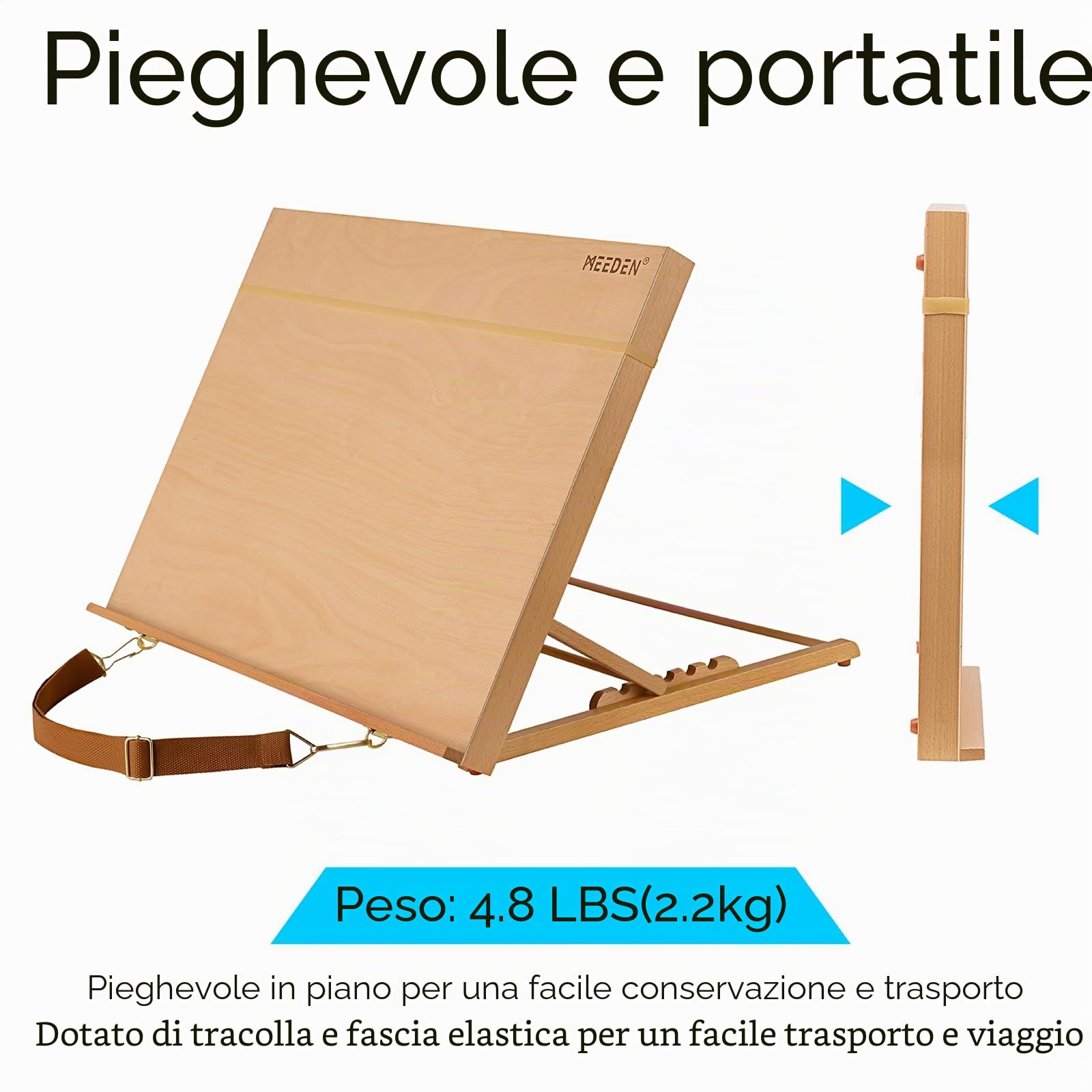 MEEDEN Cavalletto da scrivania regolabile Art Stand: cavalletto da disegno A2 a 5 posizioni, cavalletto da tavolo portatile con cintura per il trasporto, robusto cavalletto da tavolo in legno di