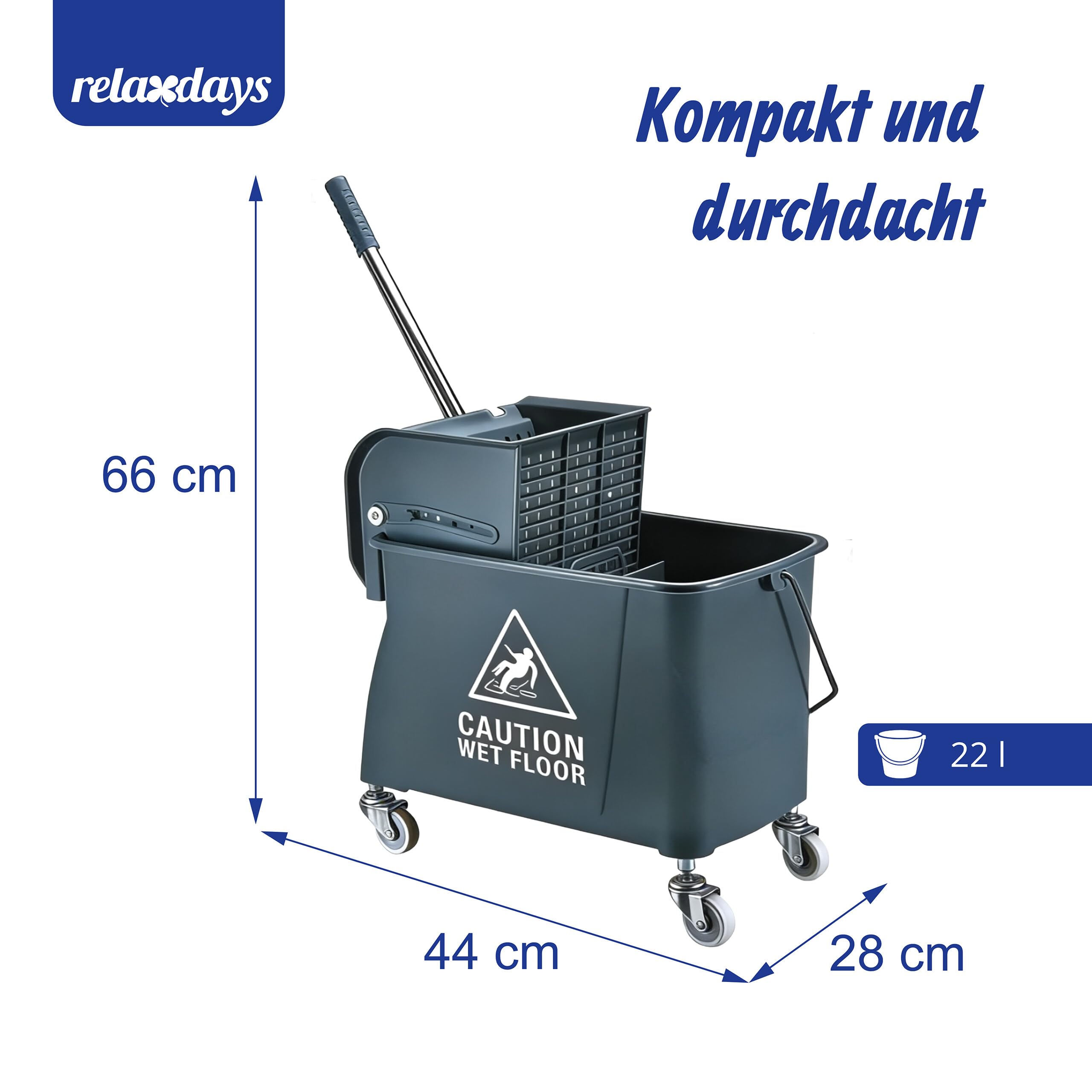 Relaxdays Reinigungswagen, 2-Kammer-System, Putzwagen mit Presse, Mopphalter, HBT: 66x44x28 cm, Wischwagen, PP, grau