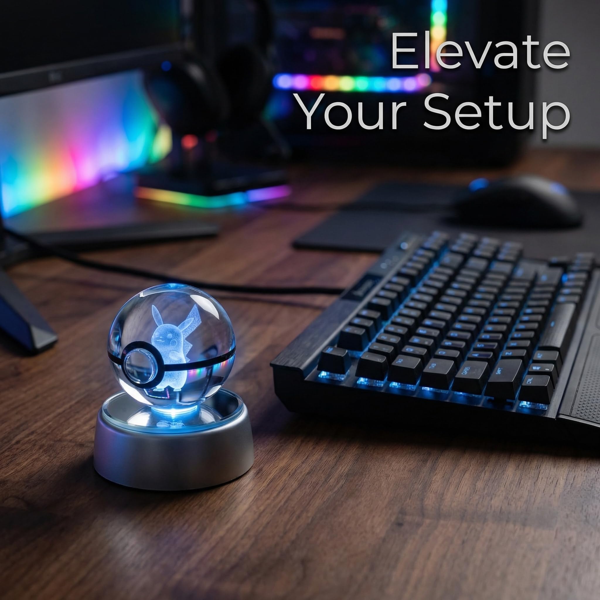 Sfera di Cristallo 3D Poke - Lampada LED RGB con Dragone di Fuoco Inciso - Luce Notturna Creatura Alata con Base Luminosa - Idea Regalo per Allenatori e Appassionati Gaming - USB (1, PIKA) - 4