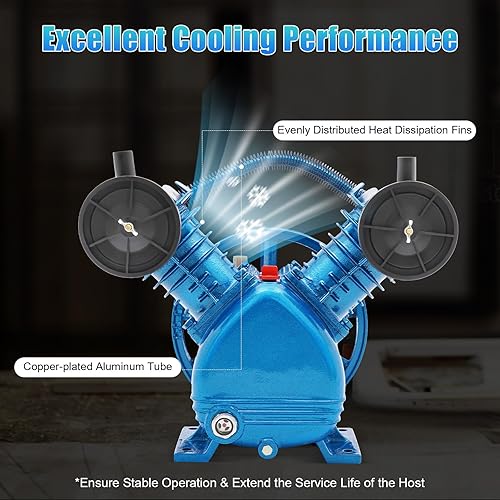 Miniatura 4 de Bomba de compresor de aire de cilindro doble de 3HP estilo V de 2 pistones azul de repuesto bomba de compresor de aire de cabeza de motor
