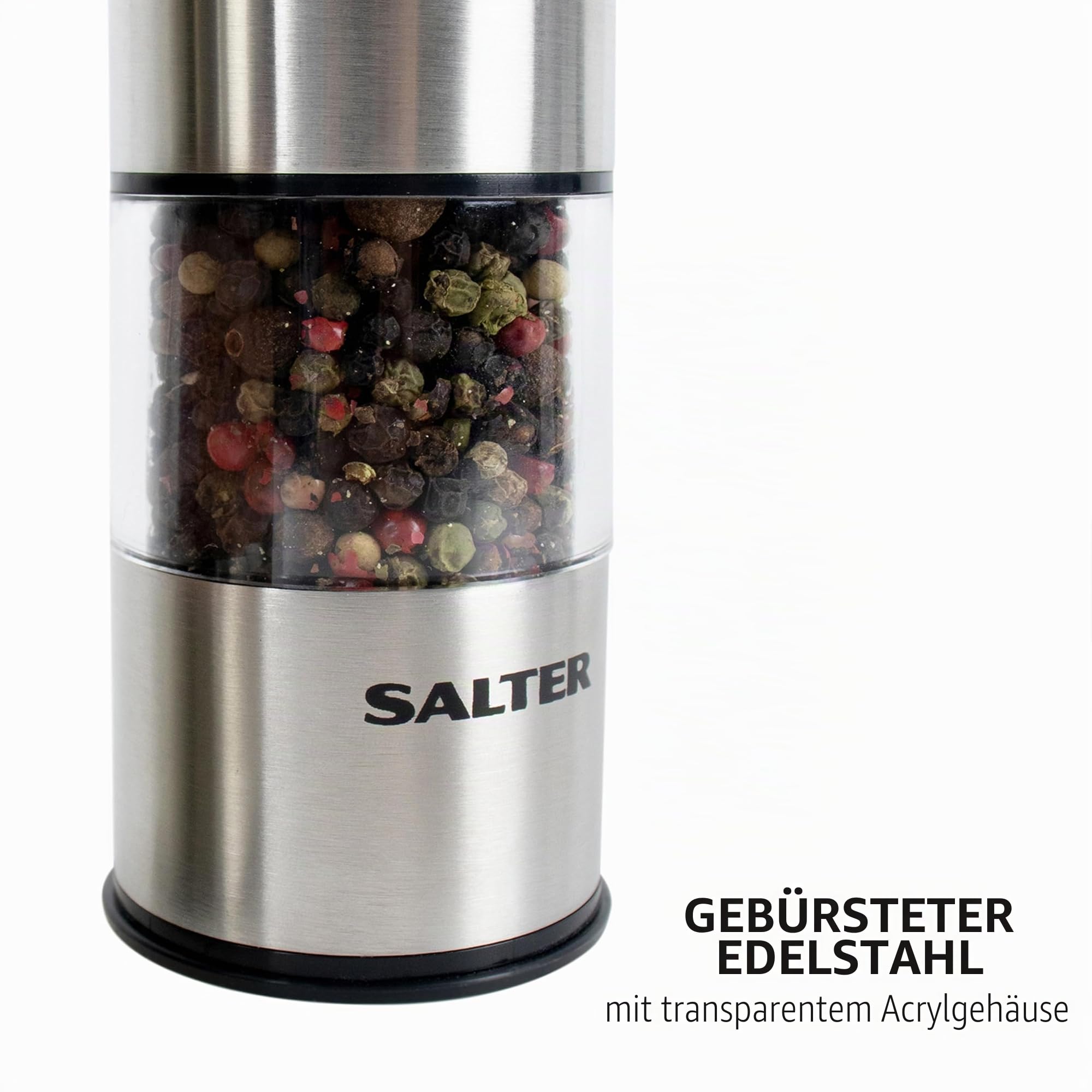 Salter Gewürzmühle Elektrisch 2er Set, Salz und Pfefferstreuer mit LED-Beleuchtung, Edelstahl Gewürzstreuer mit Einstellbarem Mahlwerk, BPA-Frei, 60g/30g Kapazität
