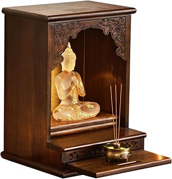 Wall-Mounted Wooden Buddha Altar Shrine, Guan Gong Guanyin Buddhist Statue Stand, Personal Shrine Stand with Golden Backdrop, Chinese Fengshui Statue Display Shelf Pet Ashes Storage