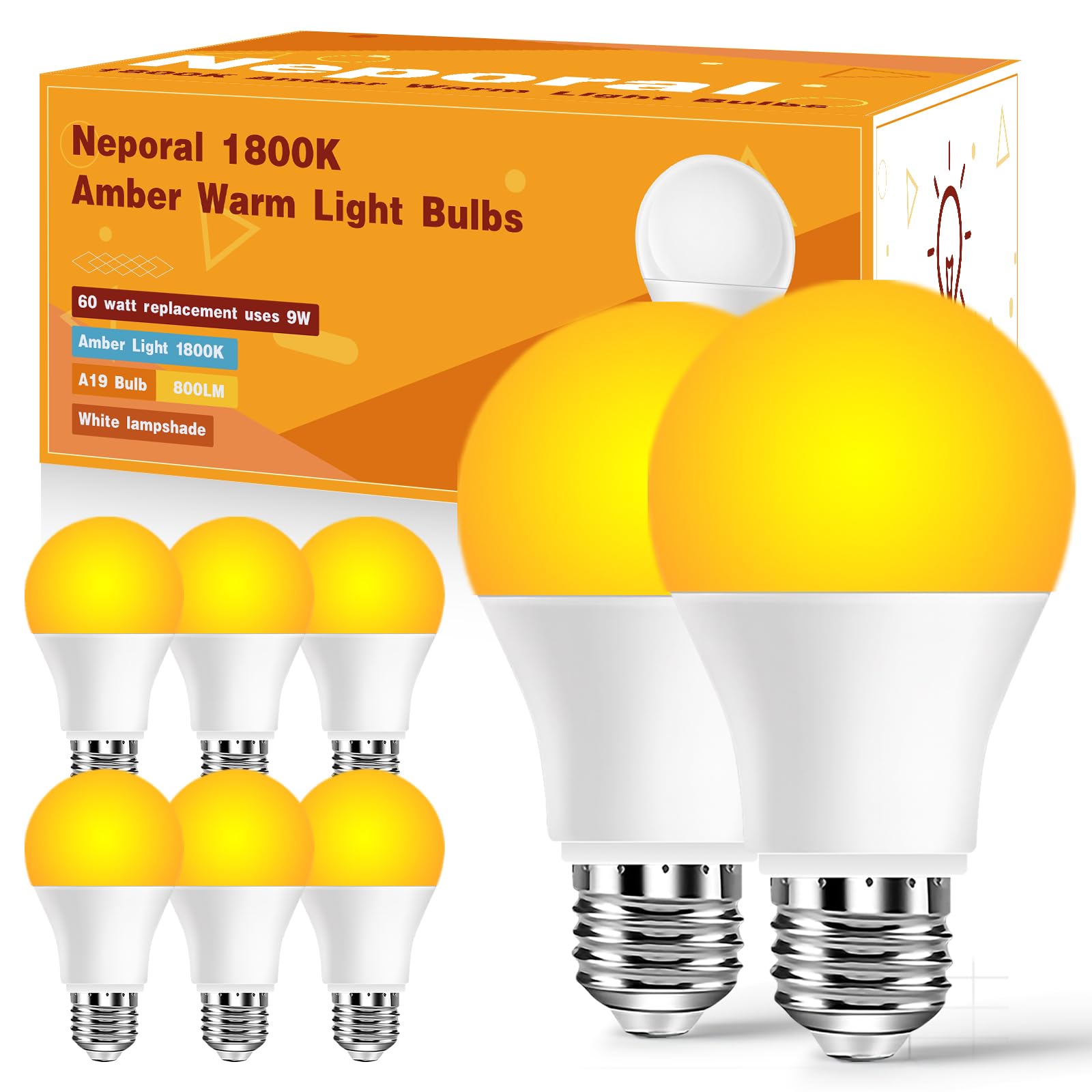 Neporal Amber Sleep Light Bulbs 1800K 8PK, 9W 60 Watt Equivalent, 99.96% Blue Blocking Soft Warm Light Bulbs A19, Amber Night Light E26 for Bedroom
