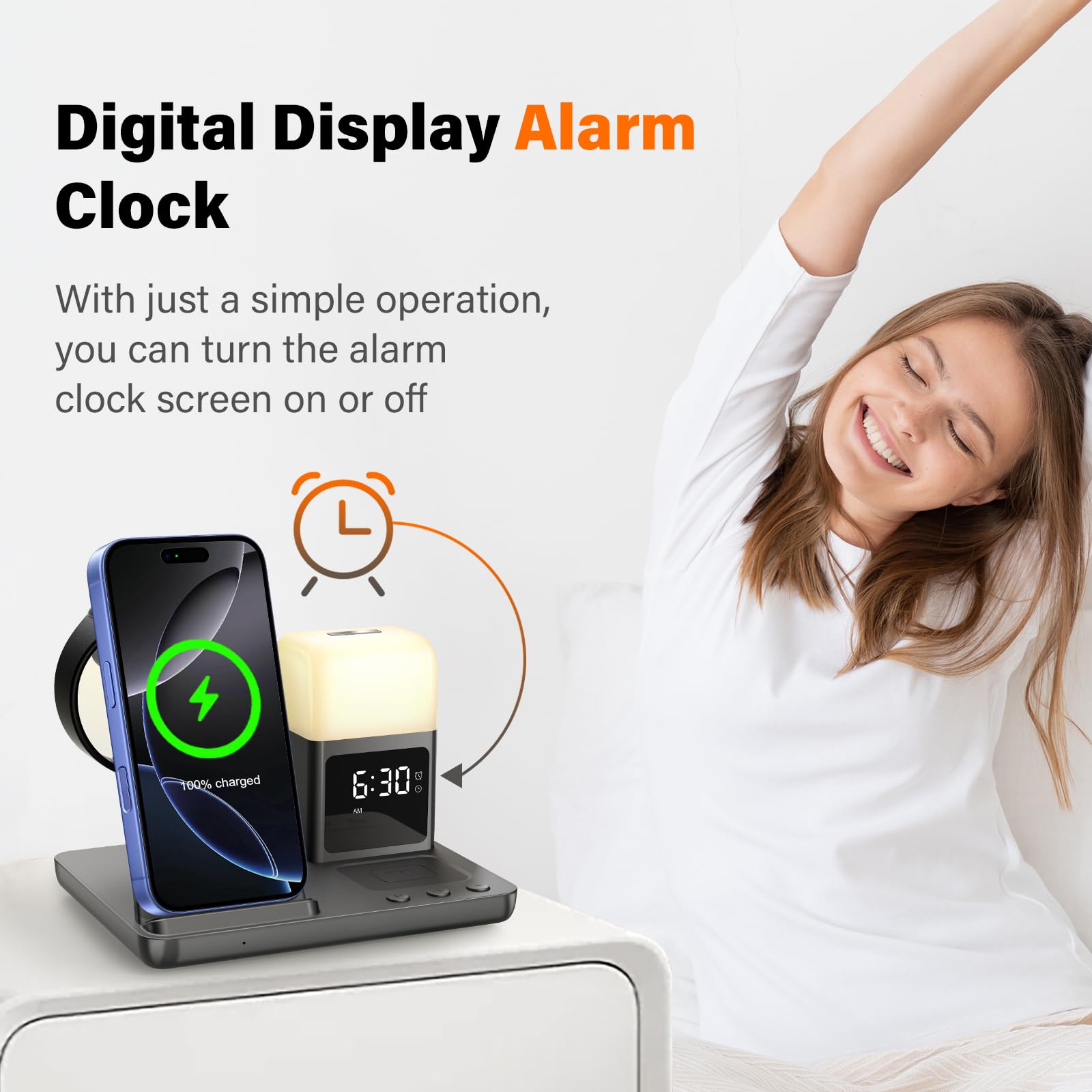 Augnner Caricatore Wireless Con lampada notturna e sveglia,6 In 1 Caricabatterie Wireless Induttiva Compatibile Con iPhone 16 15 14 13 12 11 XS/XR/X/8/8 Plus, Apple Watch, AirPods 4/3/2/Pro