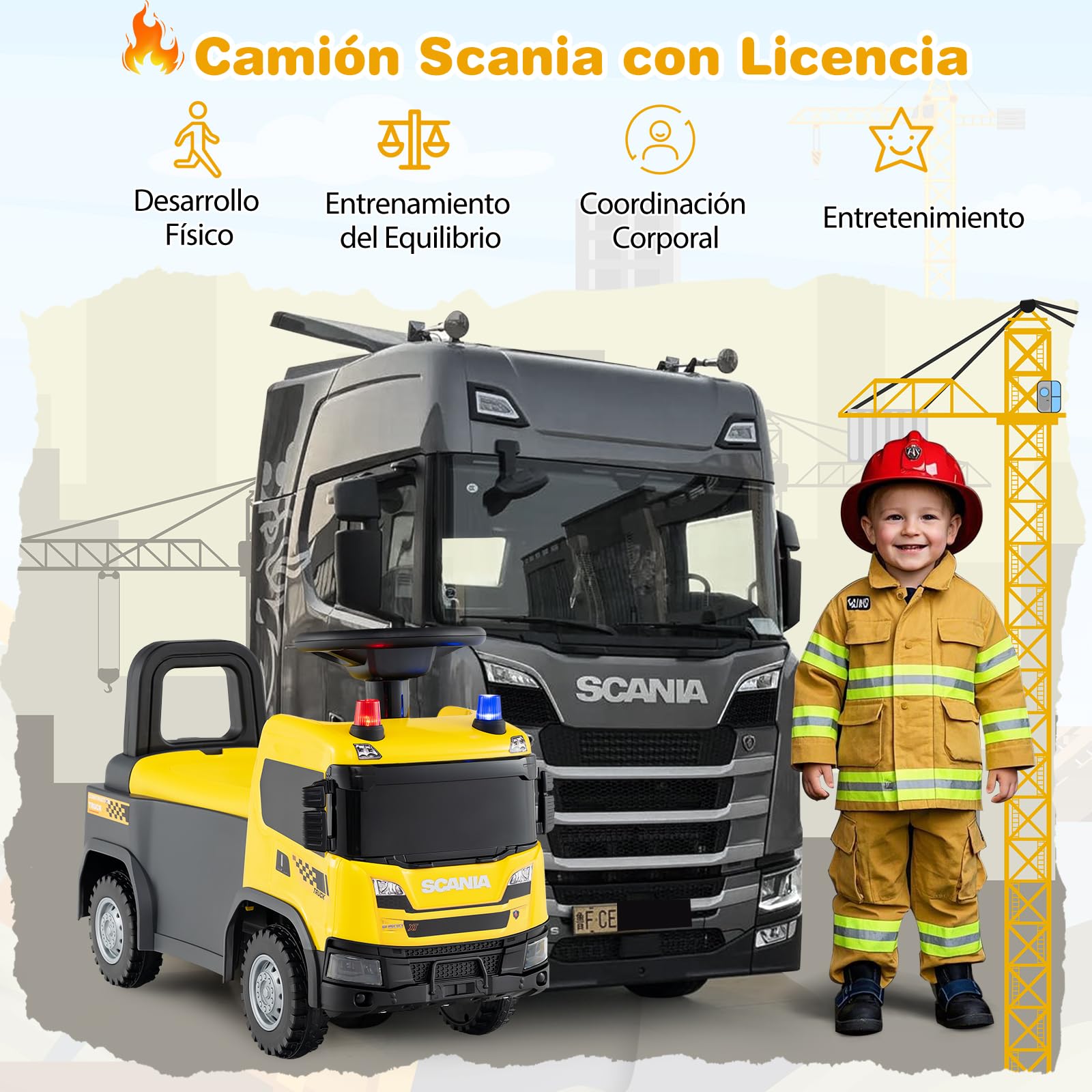 GOPLUS Camión de Construcción de Juguete Licenciado Scania, Coche Correpasillos para Niños con Luces, Sonidos y Almacenamiento Bajo Asiento, Coche Deslizante de Pies al Suelo, 18+ Meses (Amarillo)