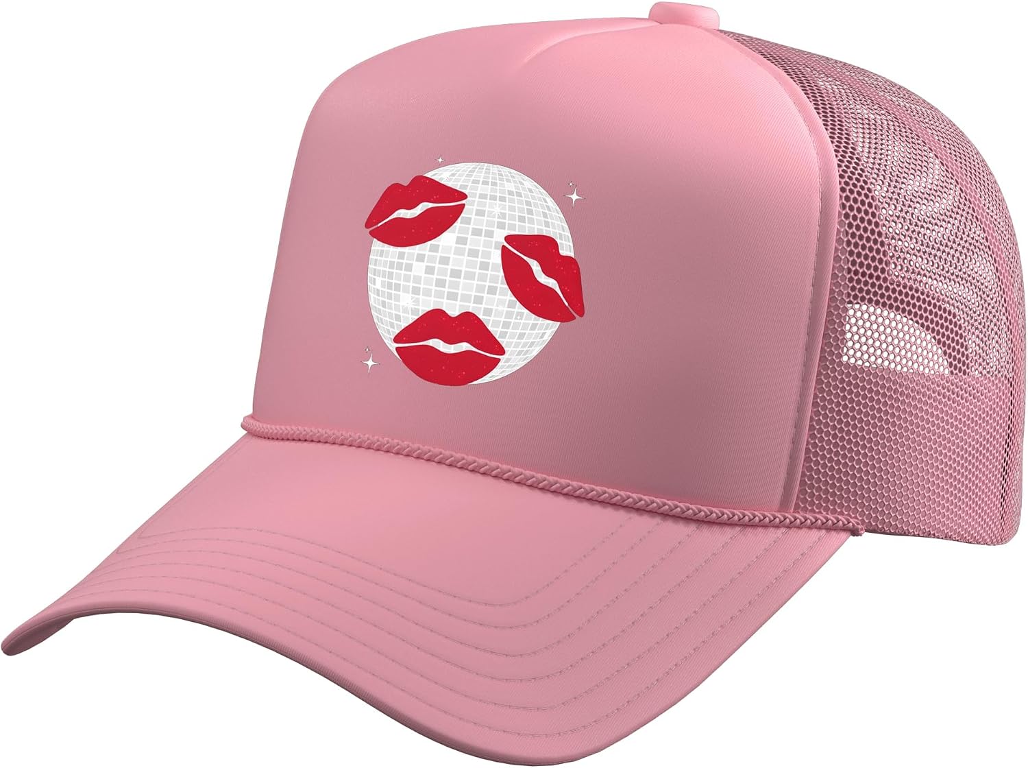 Disco Ball Red Kiss Lips Retro 70s Party New Years Eve Trucker Hat with Adjustable Mesh Back