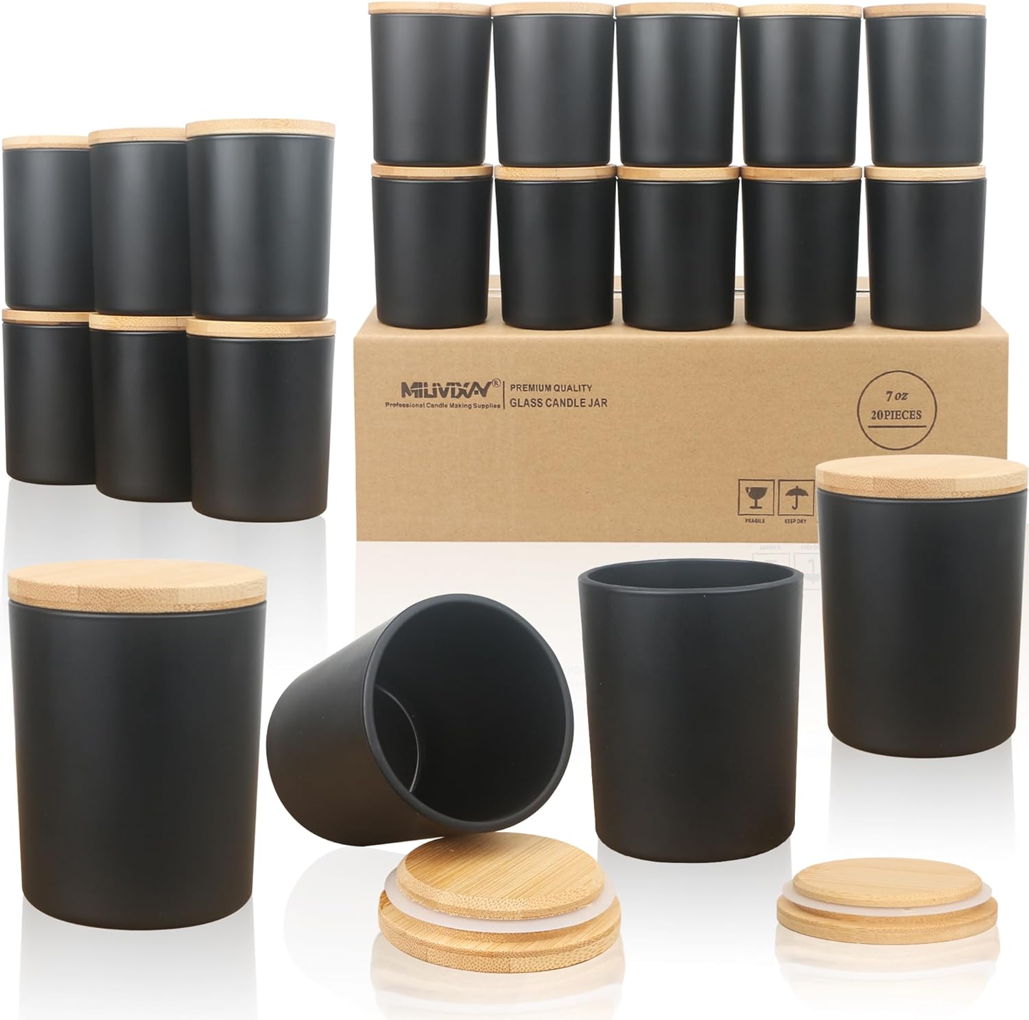 MILIVIXAY 20 Pack 7 OZ Matte Black Thick Glass Candle Jars