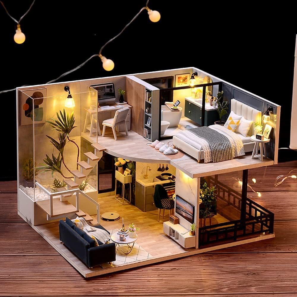 DIY Dollhouse Miniature with Furniture, DIY Wooden Dollhouse Kit Plus Dust Proof and Music Movement, Creative Room for Valentine's Day Gift Idea (Cozy Time), One Size