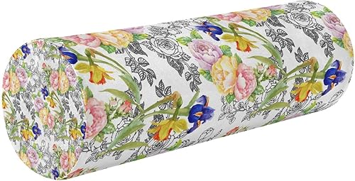 Watercolor Summer Blooming Irises Roses Flowers Bolster Pillow and Cover Bed Neck Roll Pillow Long Round Pillows for Bed for Knee Support Pillow