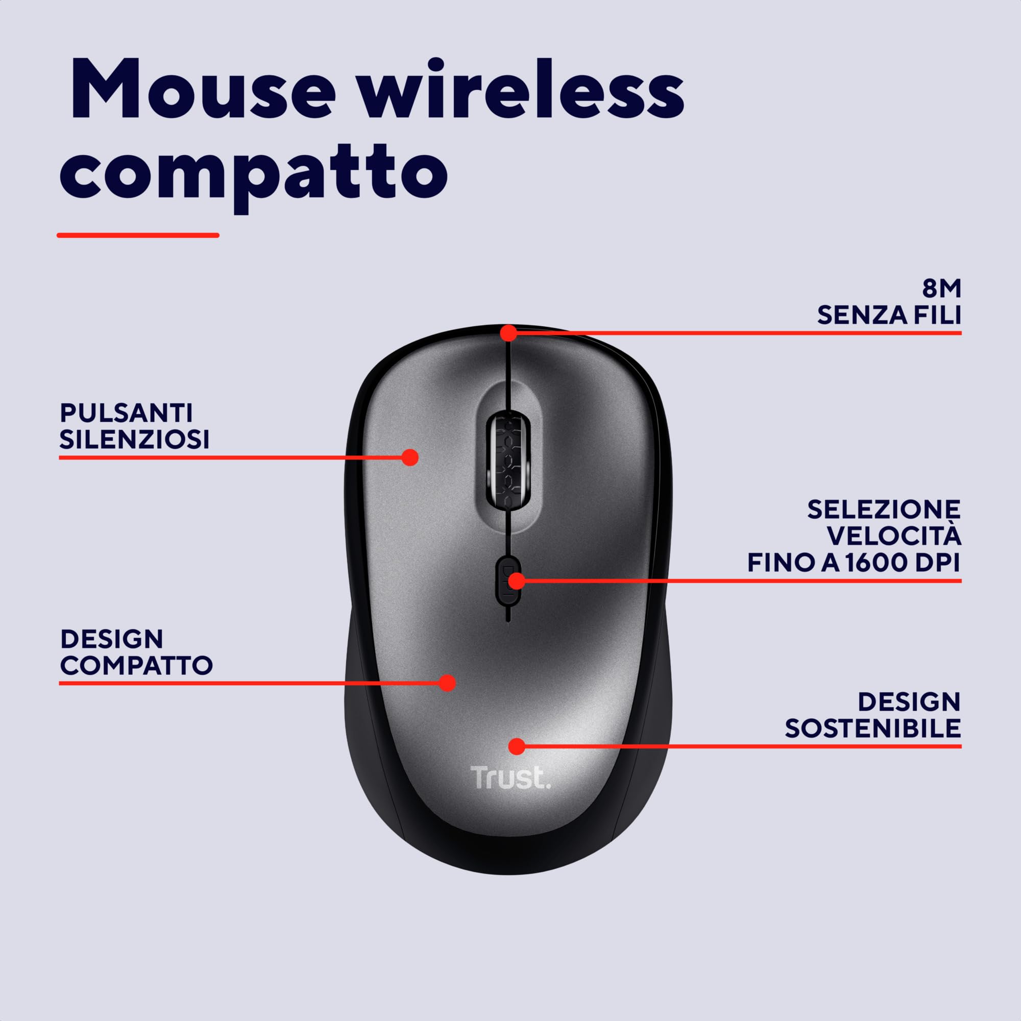 Trust Yuki Mouse Wireless Silenzioso con Batteria, per Mano Sinistra e Destra, 83% Plastica Riciclata, 800-1600 DPI, Microricevitore USB, Mouse Senza Fili Compatto per PC, Laptop, Computer, Mac