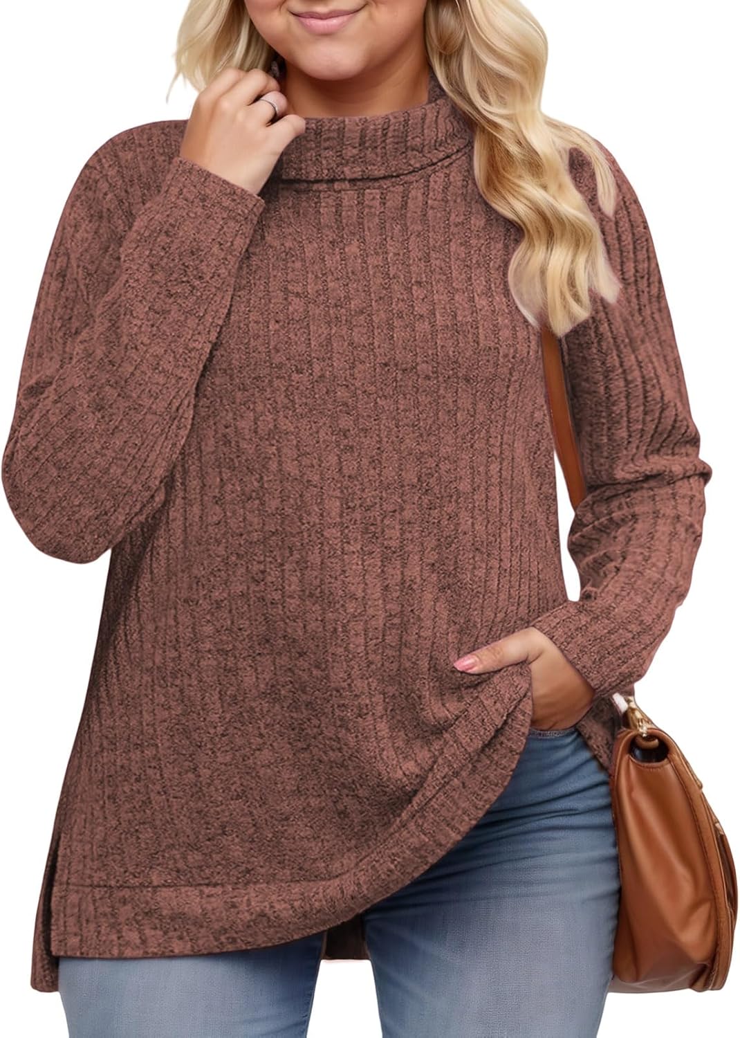 VISLILY Womens-Plus-Size-Tops Trendy Turtleneck Lightweight Sweaters Casual Long Sleeve Shirts Dressy Side Split Tunics 1X-5X