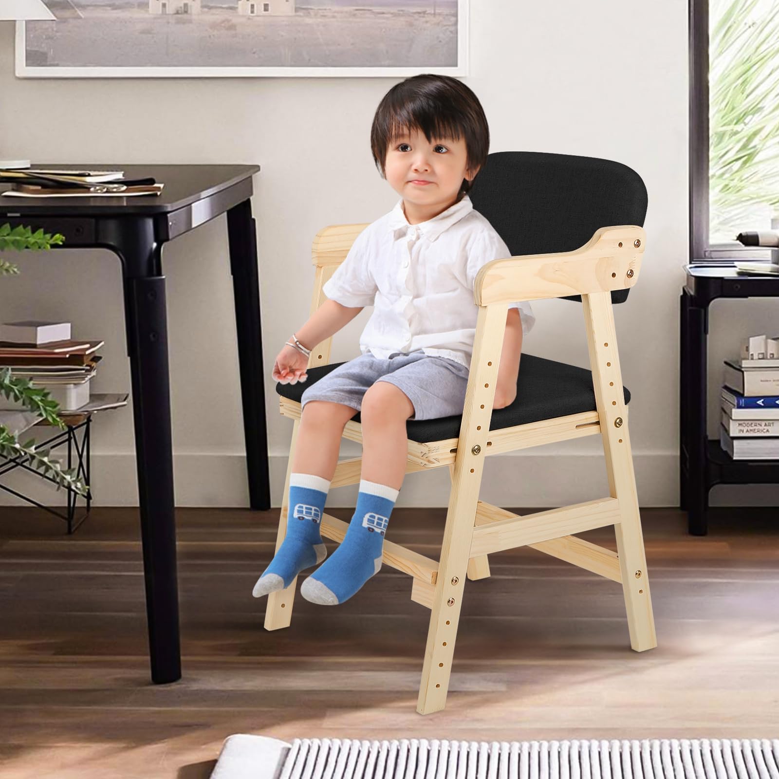 Trona Bebé Evolutiva, desde 6 Meses - 10 Años, hasta 30 kg, Trona de Bebé, Bandeja Extraíble, Asiento y Reposapiés Regulables, Madera Natural (48 x 46 x 78 cm - Negro)