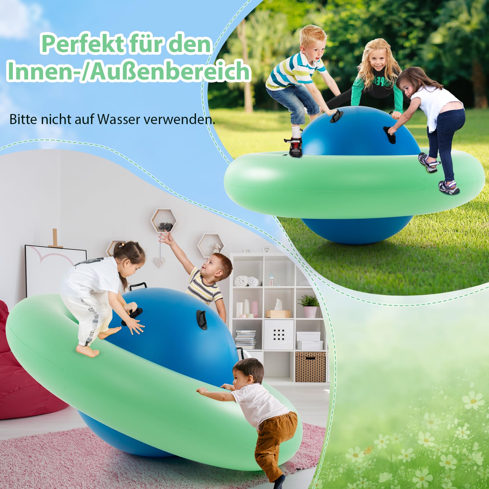 SOARS Aufblasbare Kletterkugel für Kinder ab 5 Jahren - Hüpfball zum Klettern, Kletterkuppel mit 6 Griffen bis zu 113kg belastbar (Blau + Grün)