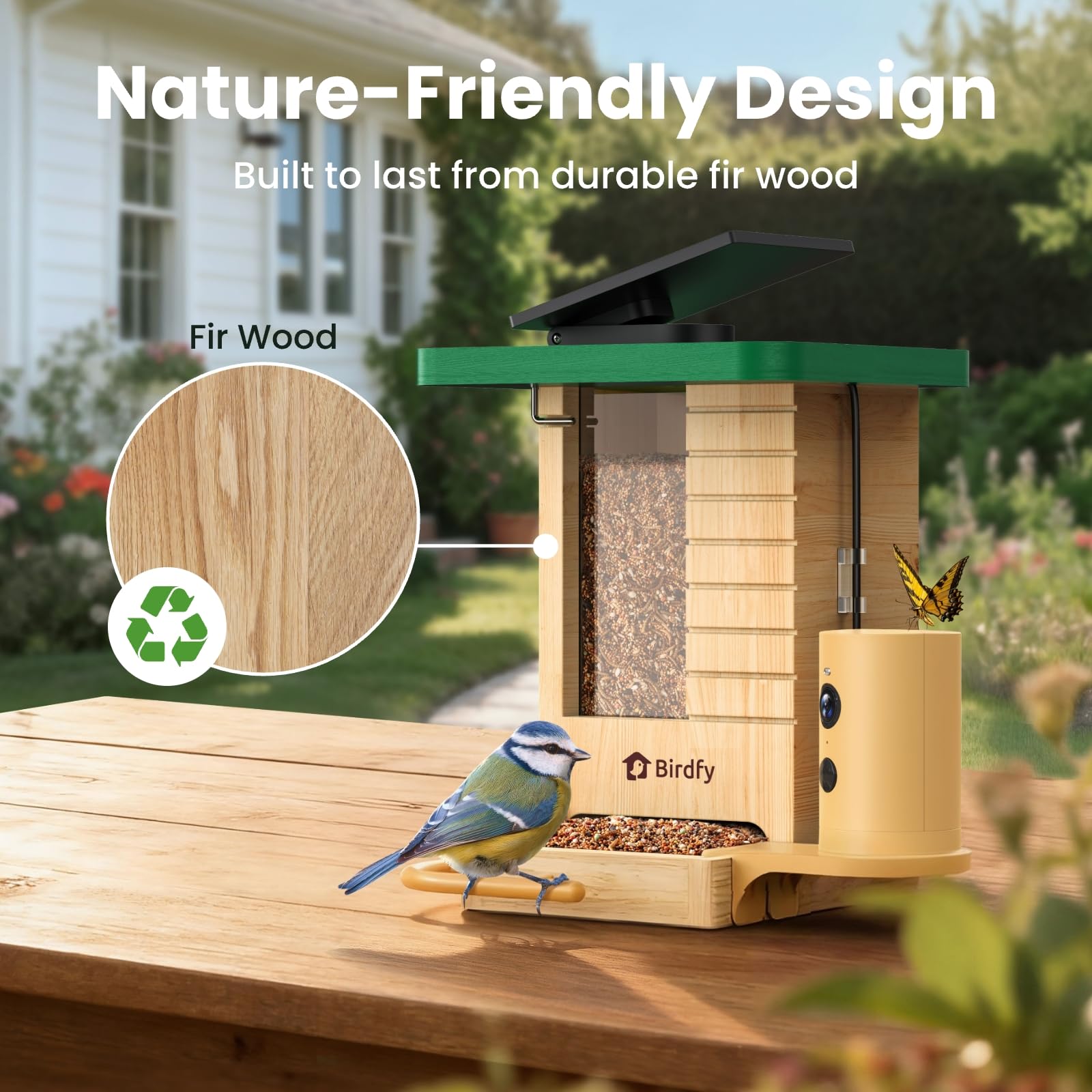 Smartes Vogelfutterhaus mit Kamera, Birdfy VogelFutterspender aus Holz, solarbetrieben, KI-Erkennung für 6000+ Vogelarten, 1080P Hochformat, wetterfest, App Live-Ansicht, YouTube&Facebook Streaming