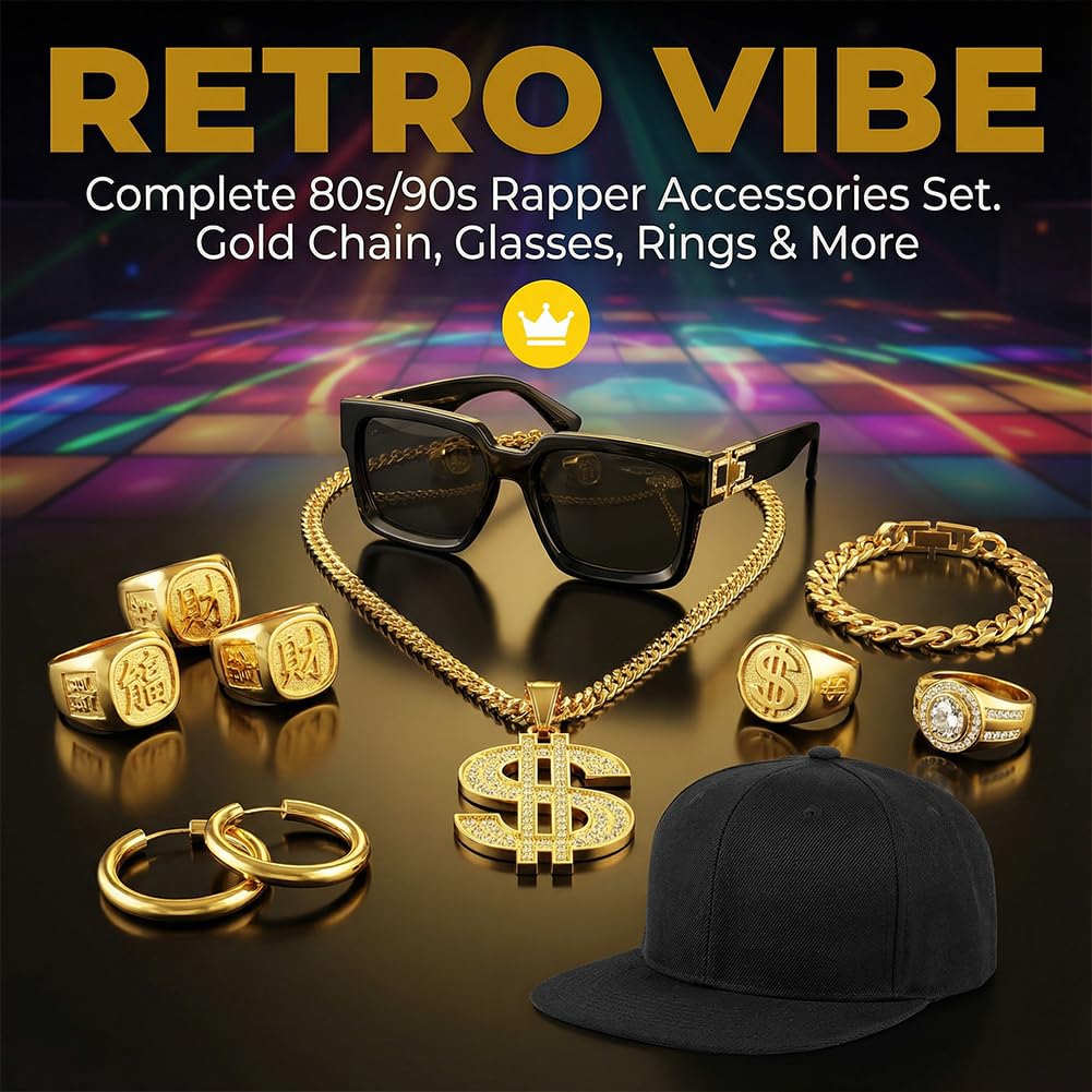 Costume de hip-hop, accessoires de déguisement de rappeur des années 90 avec faux signe de dollar doré disco, collier, bracelet, bagues, boucles d'oreilles, lunettes de soleil et boîte radio gonflable
