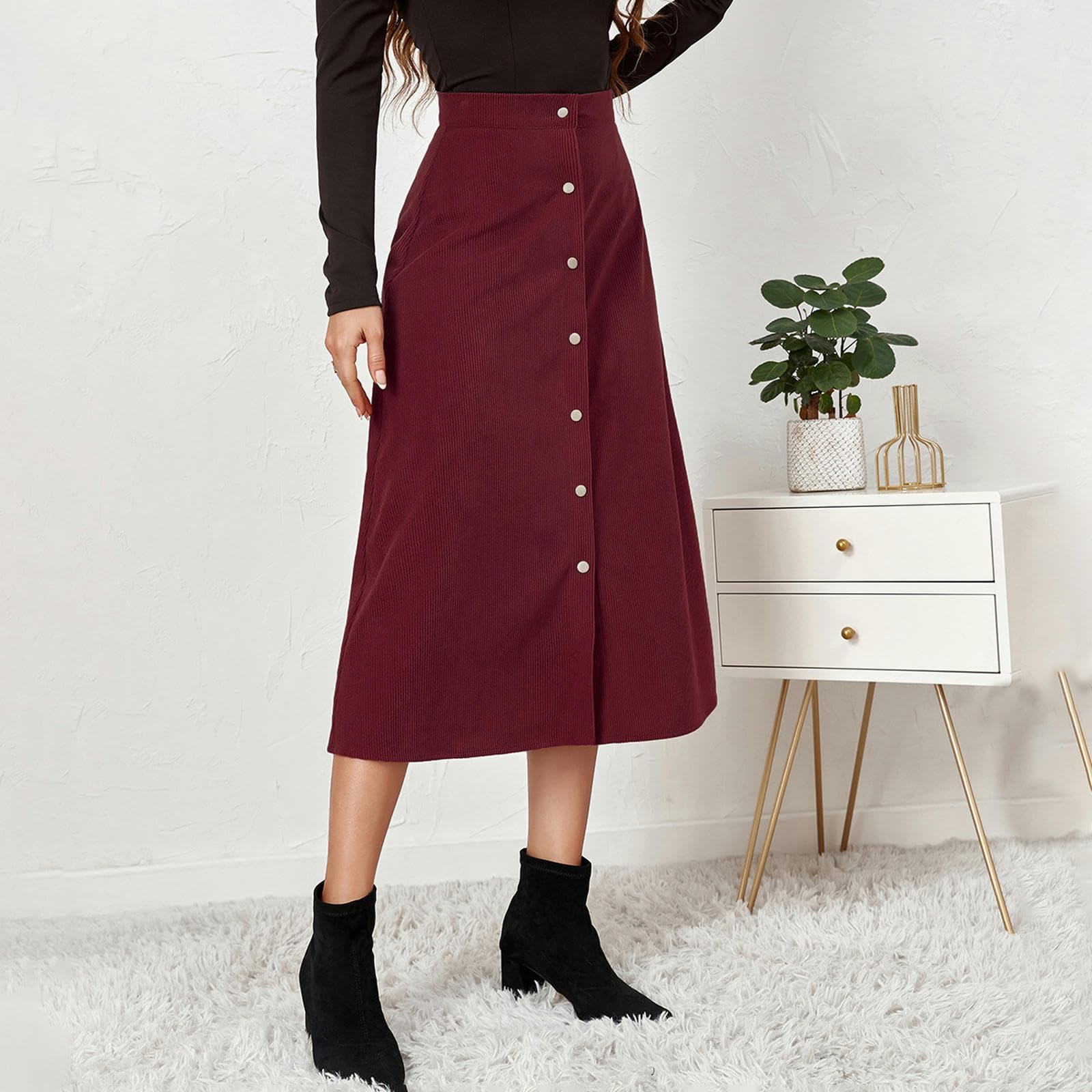 Röcke Einreihiger Langer Cordrock Mit Hoher Taille Für Damen – Stilvolle Und Elegante Damenröcke Für Herbst Winter-Khaki-XL