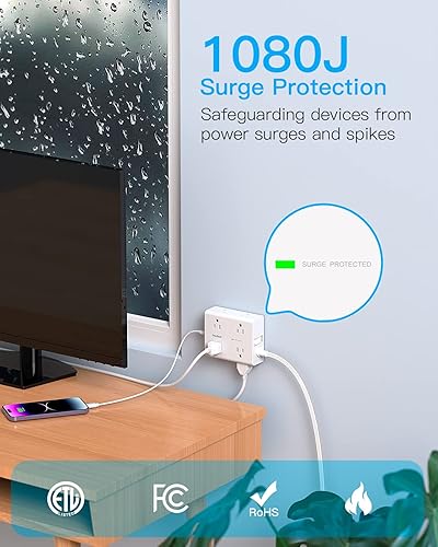 Miniatura 5 de Cable protector de sobretensiones de 10 pies, cable de extensión de enchufe plano ultrafino, 8 tomacorrientes, 4 puertos USB (2 USB C), extensor de