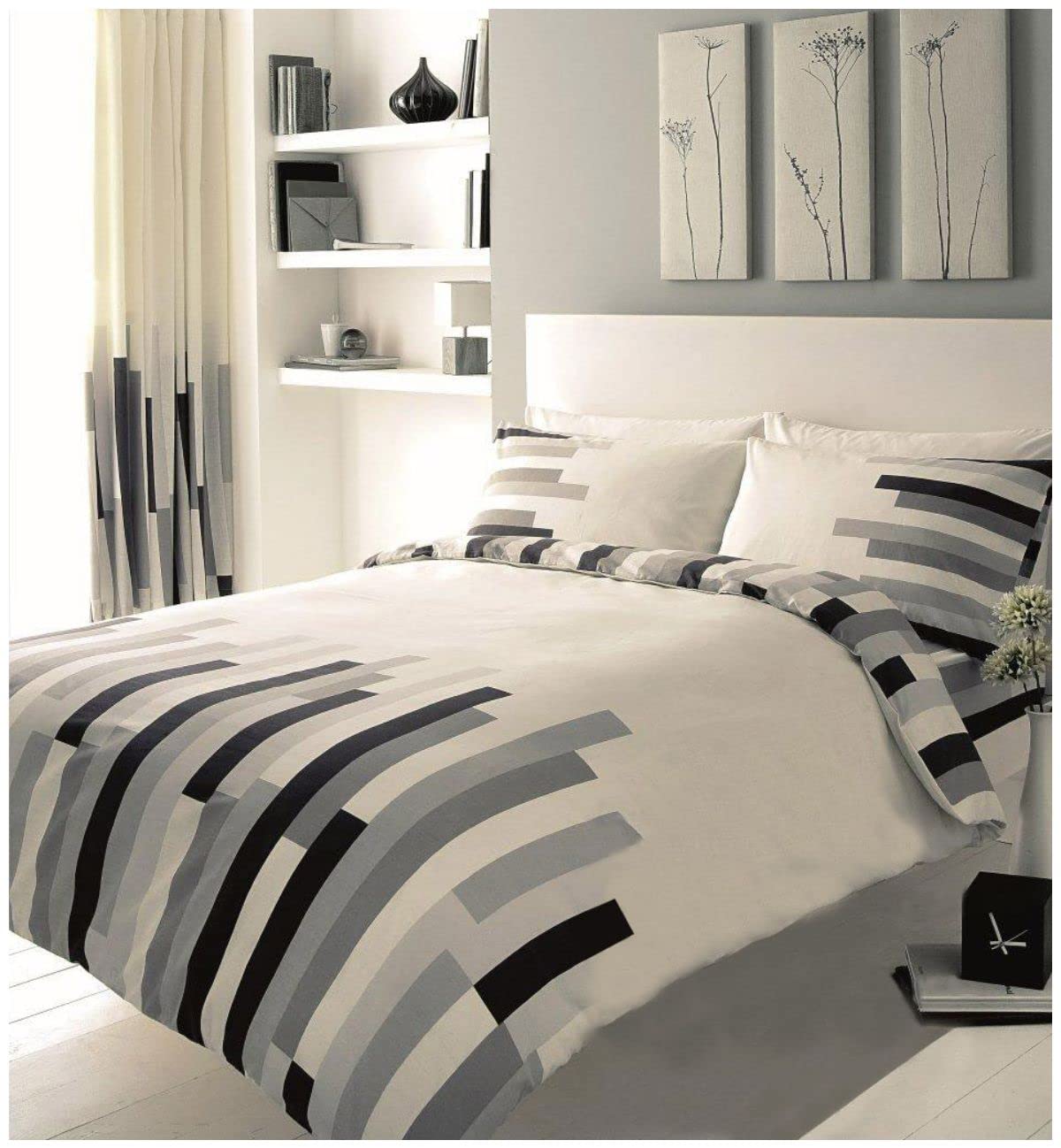 GC GAVENO CAVAILIA Geometric Duvet Cover Sets, Reversible Blocks Stripe Bedding Double With Pillowcases, Black