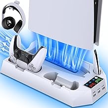 Sgelectronics PS5 Stand and Cooling Station with Dual Controller Charging Station for PS5 Console, Controller Charger, Cooling Fan, Headset Holder, 3 USB Hub, Media Slot, Screw White