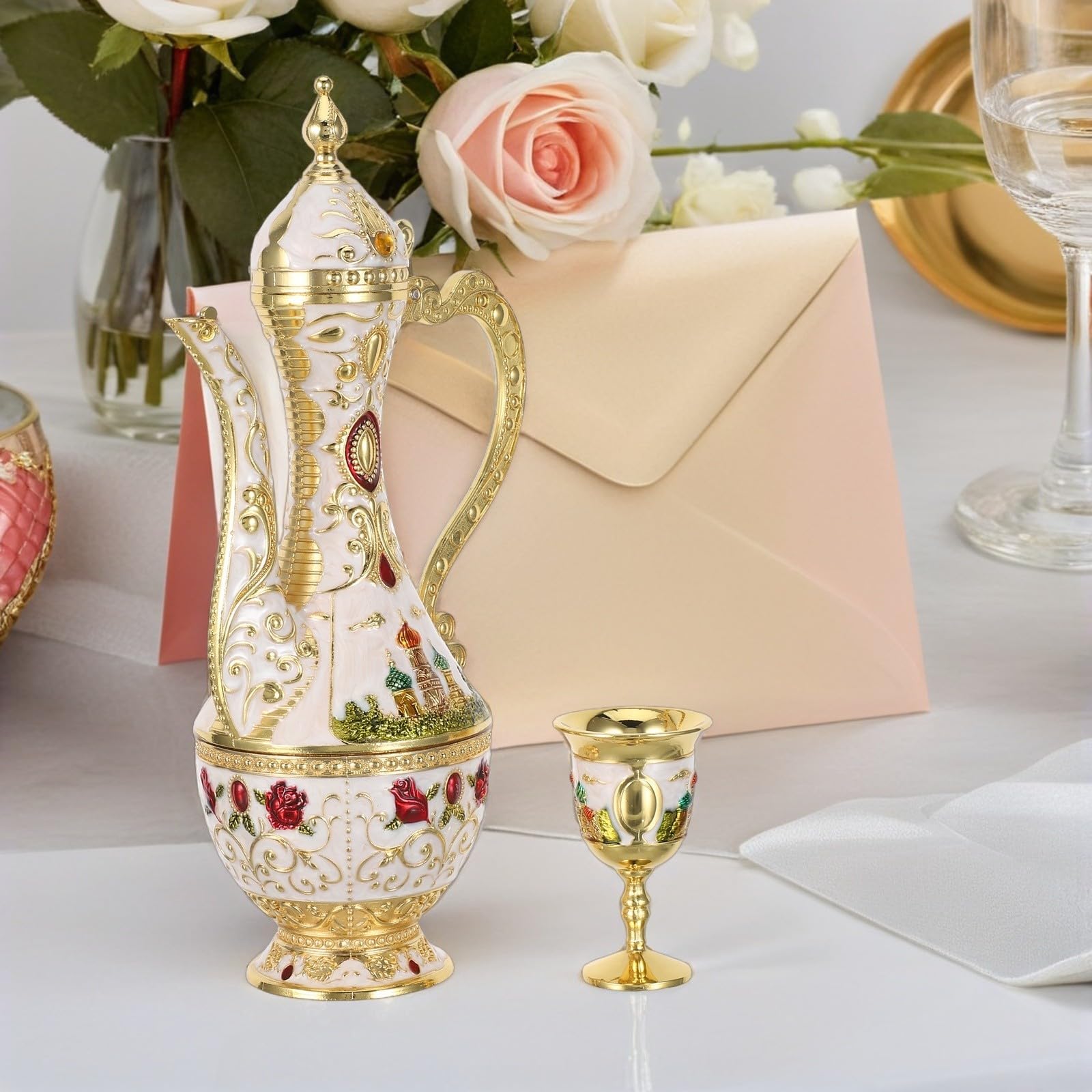 GALPADA Juego de Copas de Vino y Jarra de Café Turco con Diseño Vintage y Castillo, Aleación de Zinc, Presentación Estable para Eventos Festivos y de Té