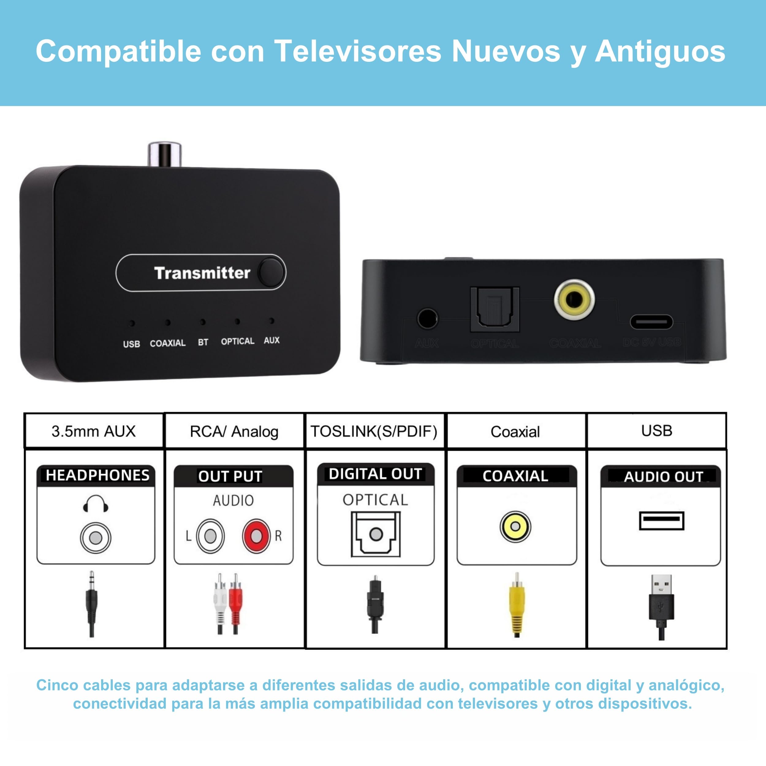 Auriculares Inalámbricos ANC para TV, Auriculares Plegables para Viajar, Audífonos con Transmisor Bluetooth, Compatibles con Salidas Óptica (Toslink)/Coaxial/RCA/AUX 3,5 mm/USB