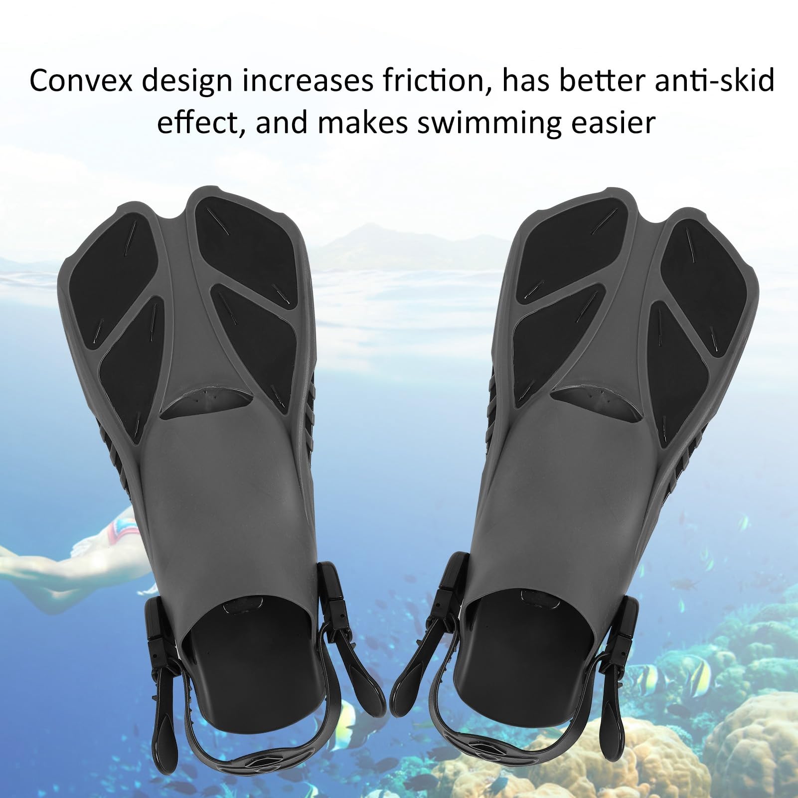 Snorkel Fins, 2PCS Adjustable Swim Fins Long Diving Flippers Adjustable Buckles Open Heel Swim Flippers for Swimming (XL)