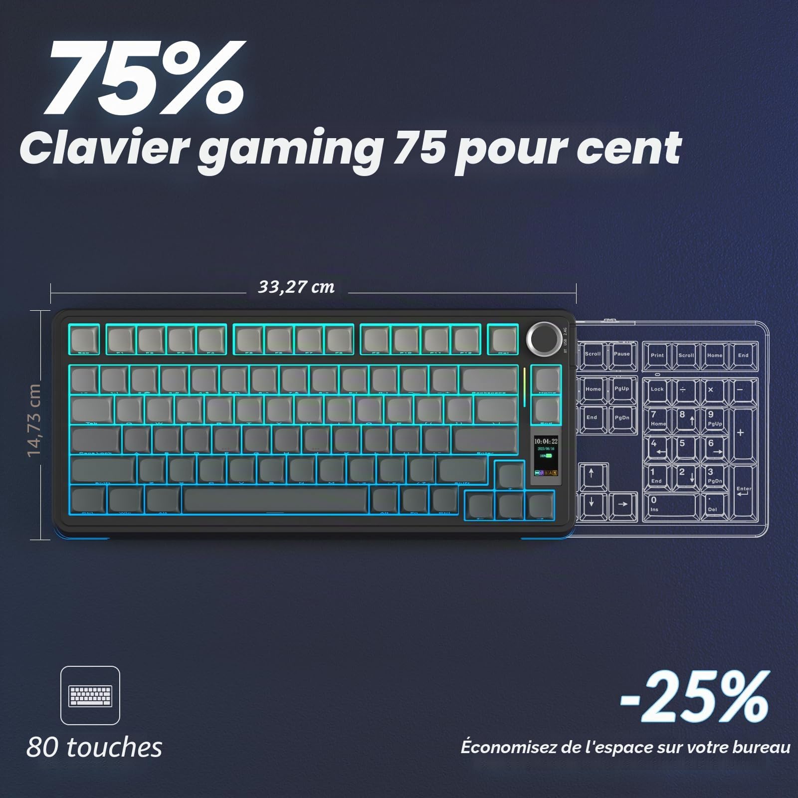 AULA S75 PRO Clavier mécanique sans fil avec écran et bouton, clavier de jeu trimode remplaçable à chaud, 75 %, commutateurs pré-lubrifiés, rétroéclairage RVB, touches PBT imprimées sur le côté