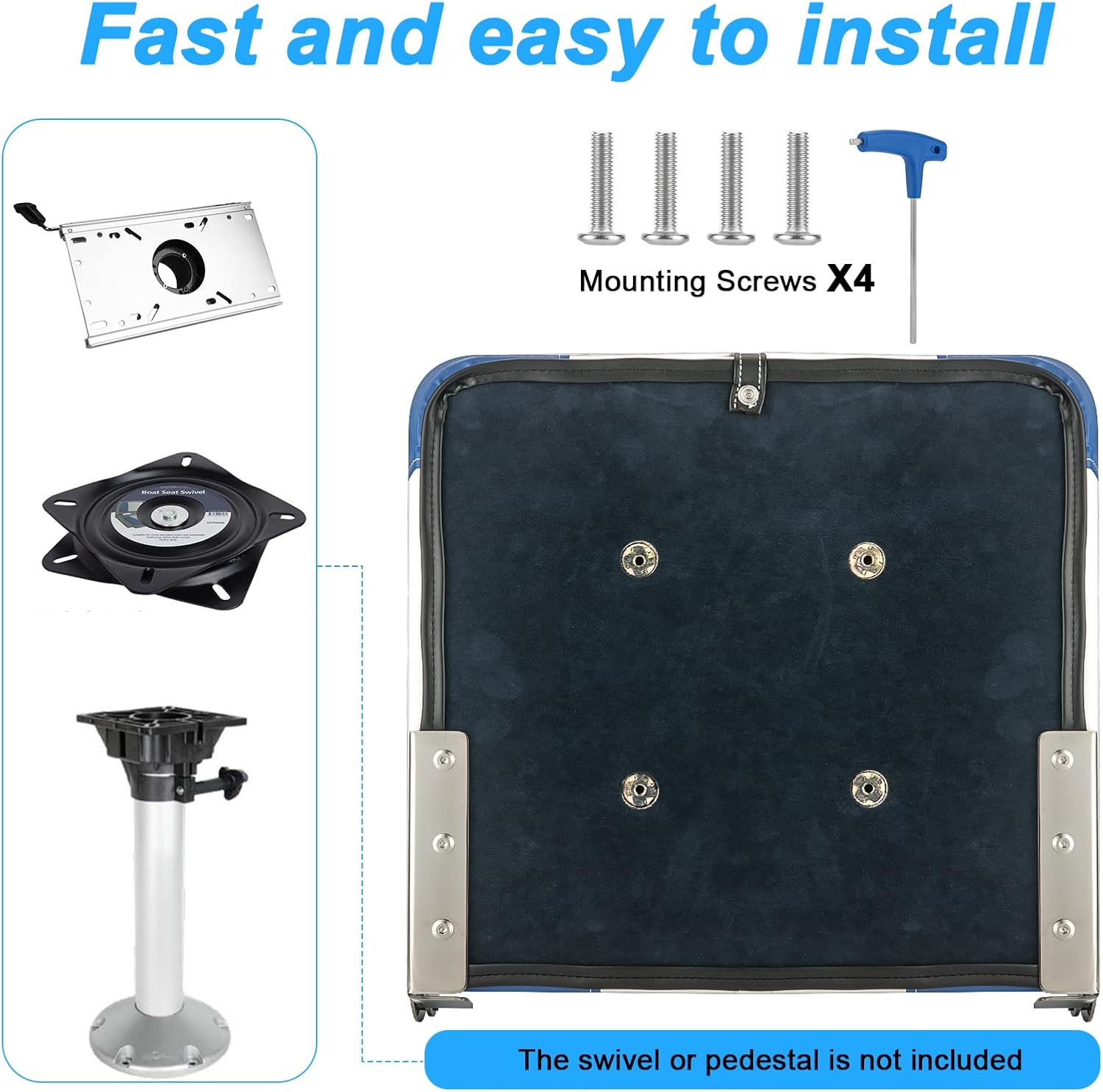 Folding Boat Seats Low Back 2 Pack, Waterproof Fishing Boat Captain Chairs, Stainless Steel Hinges and Microfibre Leather Includes 4 Stainless Steel Screws, White and Blue