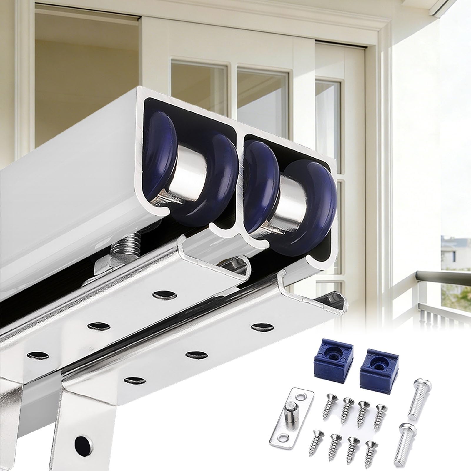 EXCLURA 2 Railing Bypass Door Hardware with Nylon Rollers, Heavy Duty Pocket Door Frame Kit, Barn Wardrobe Door Tracks with Installation Accessories(Silver,1.4m/4.6ft)