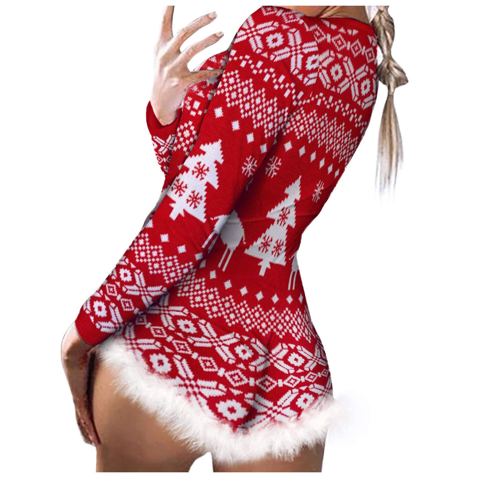 N/W Christmas Jumpsuit Pajamas for Women Long Sleeve V-Neck Slim Bodysuit  Home Party Wear