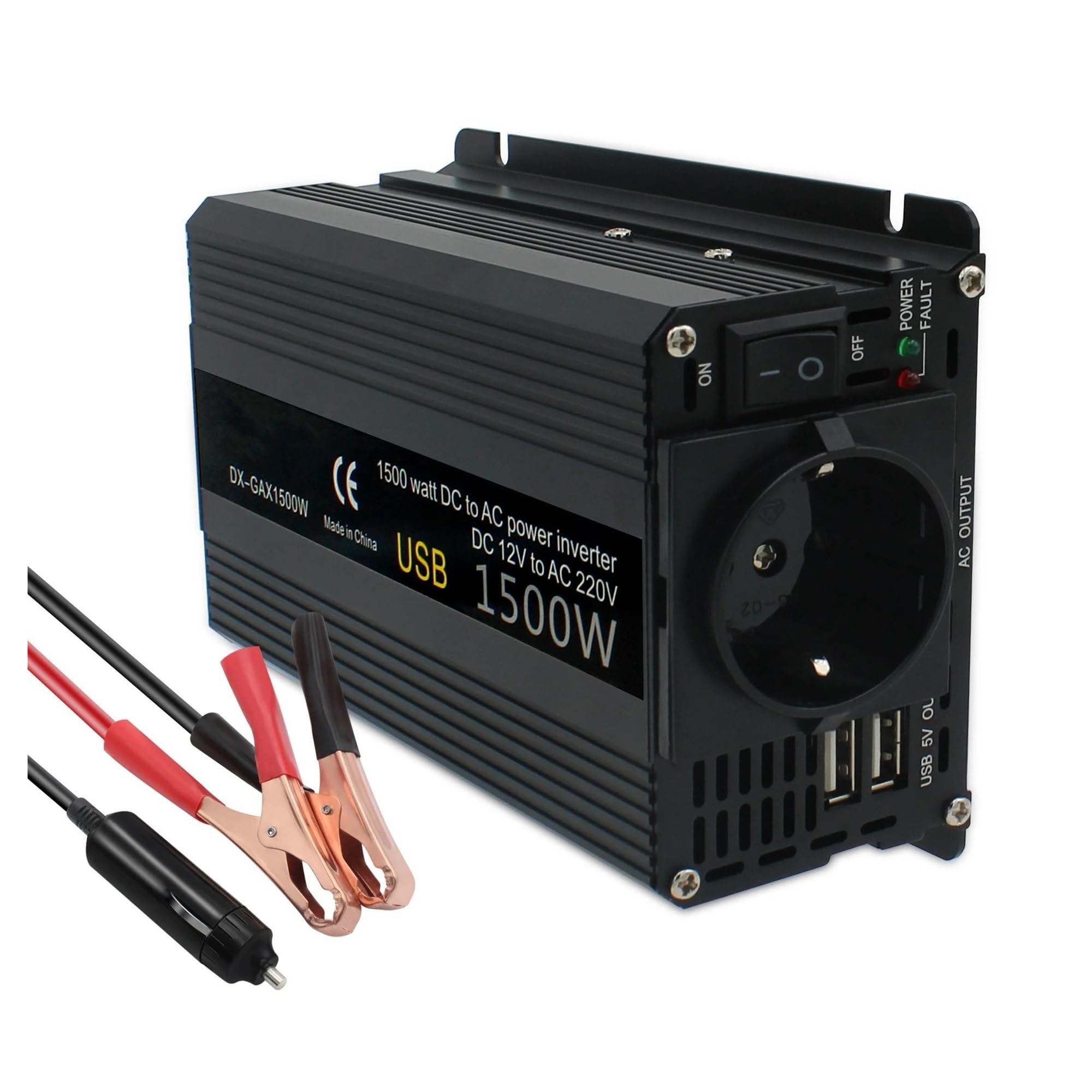 Inversor Coche 12V A 220V Potencia 500W 1500W 2000W 2600W 3000W Convertidor Enchufe Europeo De 12 Voltios Inversor Automático Transformador Solar Inversor Onda Pura Convertidor(12V 220V 1500W)