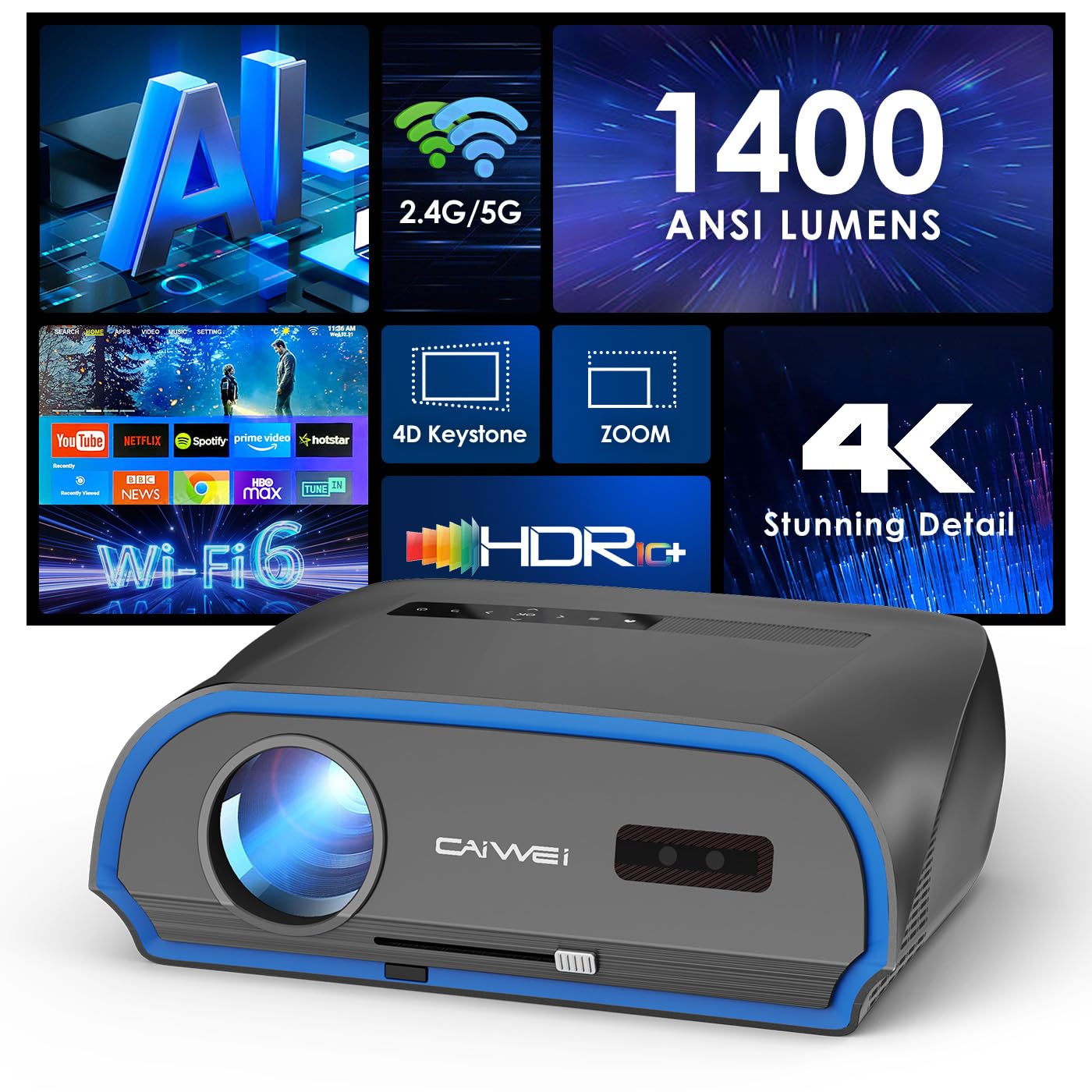 Smart 4K Projector 1580ANSI Daytime Viewing,High Brightness Movie Projector with WIFI6 Bluetooth NFC HDR 300" Display for Home Theater Outdoor Bedroom,Wireless Streaming with Netflix Disney+ YouTube