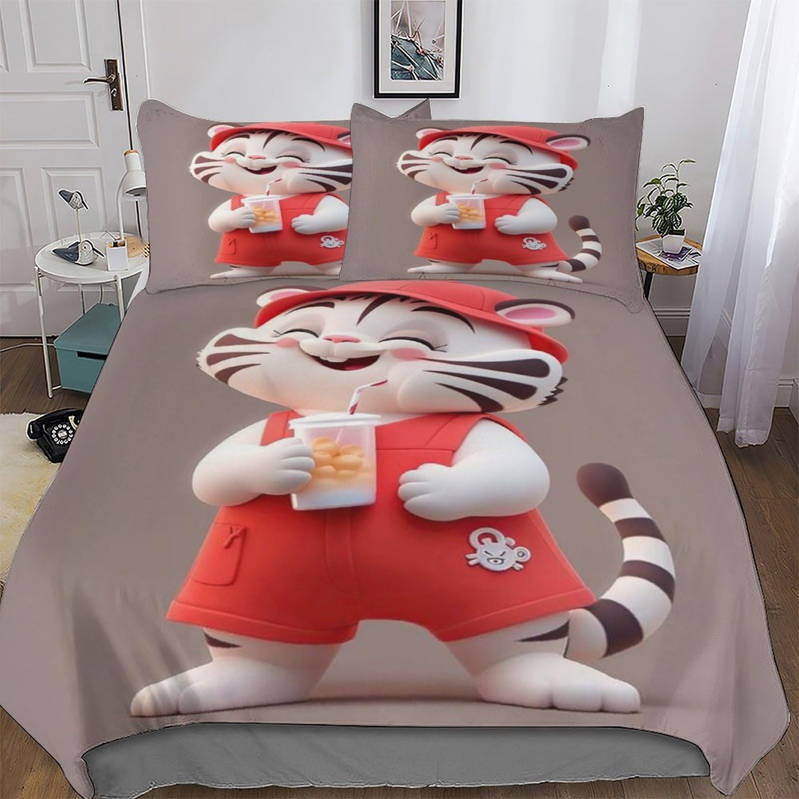 Housse de couette chat 220x240cm anti-pliage parure lit fermeture éclair