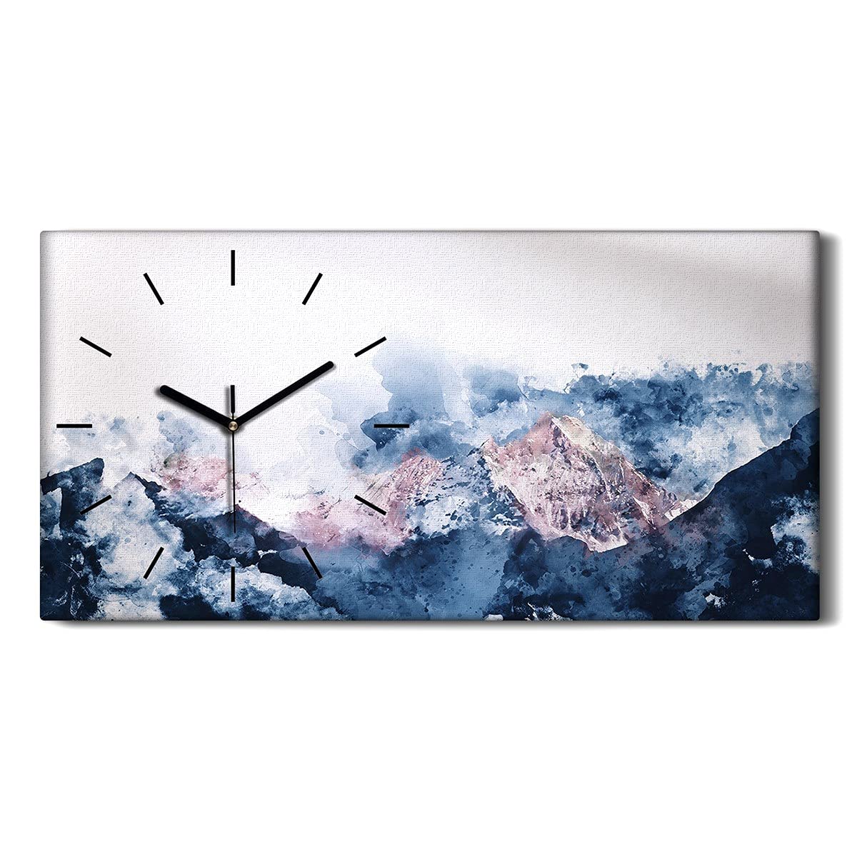 Horloge sur toile montagnes aquarelles d'art moderne 60x30cm avec mains noires épurées
