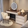 Dressing Table Set with LED Lighting, Vanity Desk with Walnut Tabletop, Adjustable Large Side Cabinet, 5 Drawers, Makeup Table with Chair for Bedroom,39.4inch, White