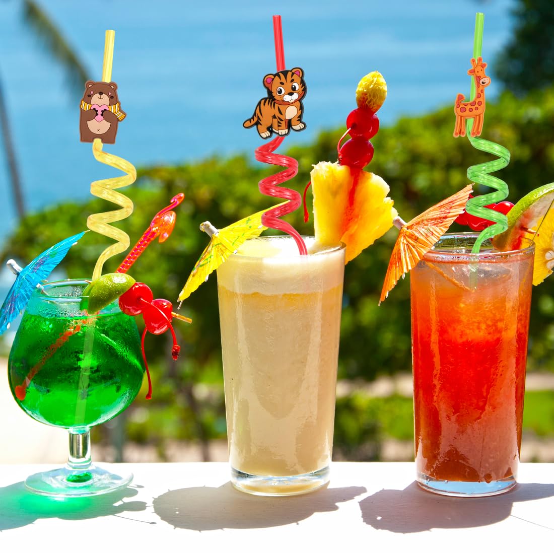 Pajitas para niños, 10 unidades, reutilizables, animales de la selva con cepillo de paja, pajitas de cumpleaños infantiles, pajitas de plástico coloridas como suministros de fiesta para cumpleaños