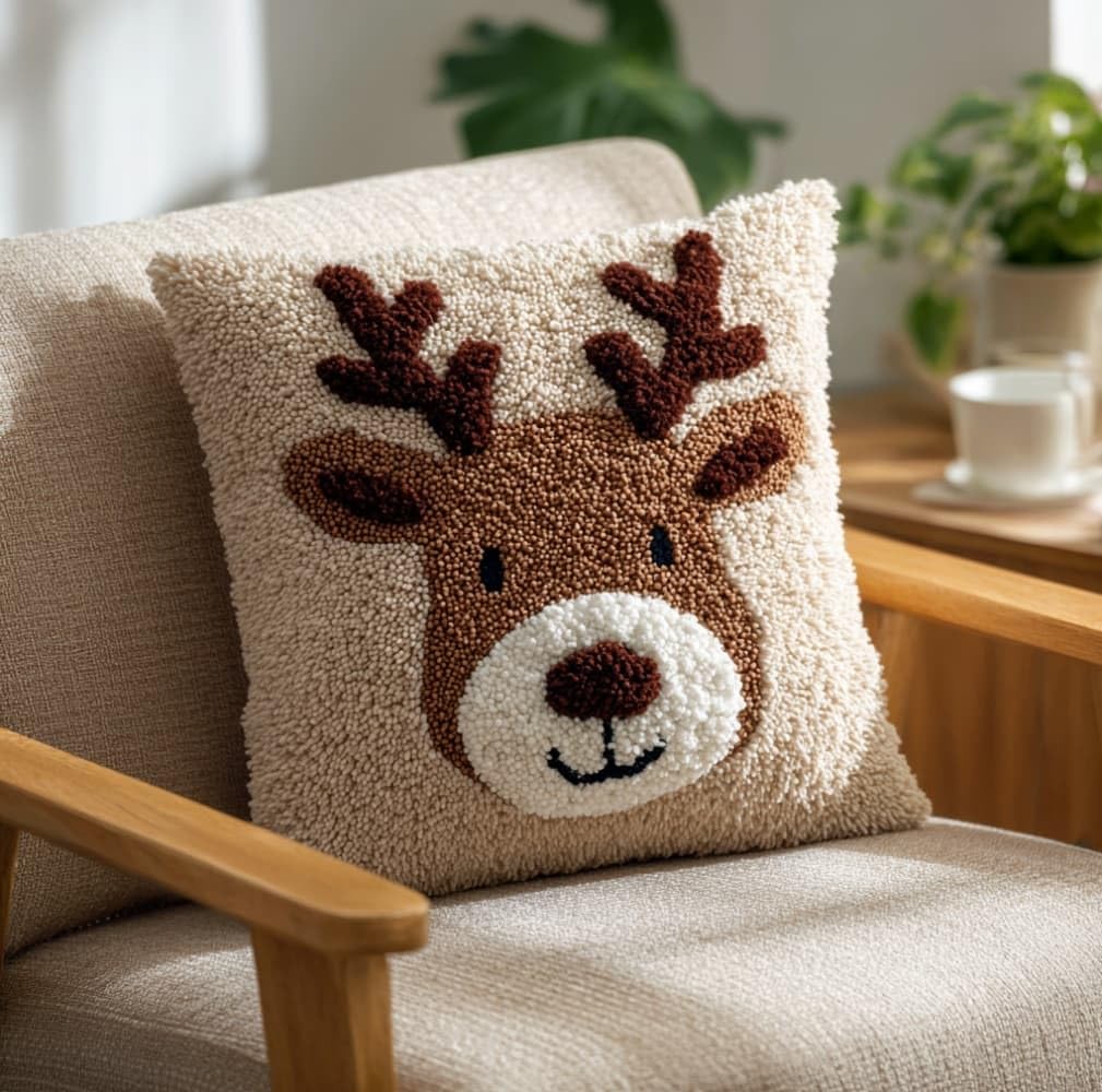AxiangziK Pre-Printed Latch Hook Pillow Kit for Adults,Cartoon Animal Deer Beginners DIY Crochet Pillow Kit 17X17Inch Needlework Cushion Cover for Home Sofa Decoration