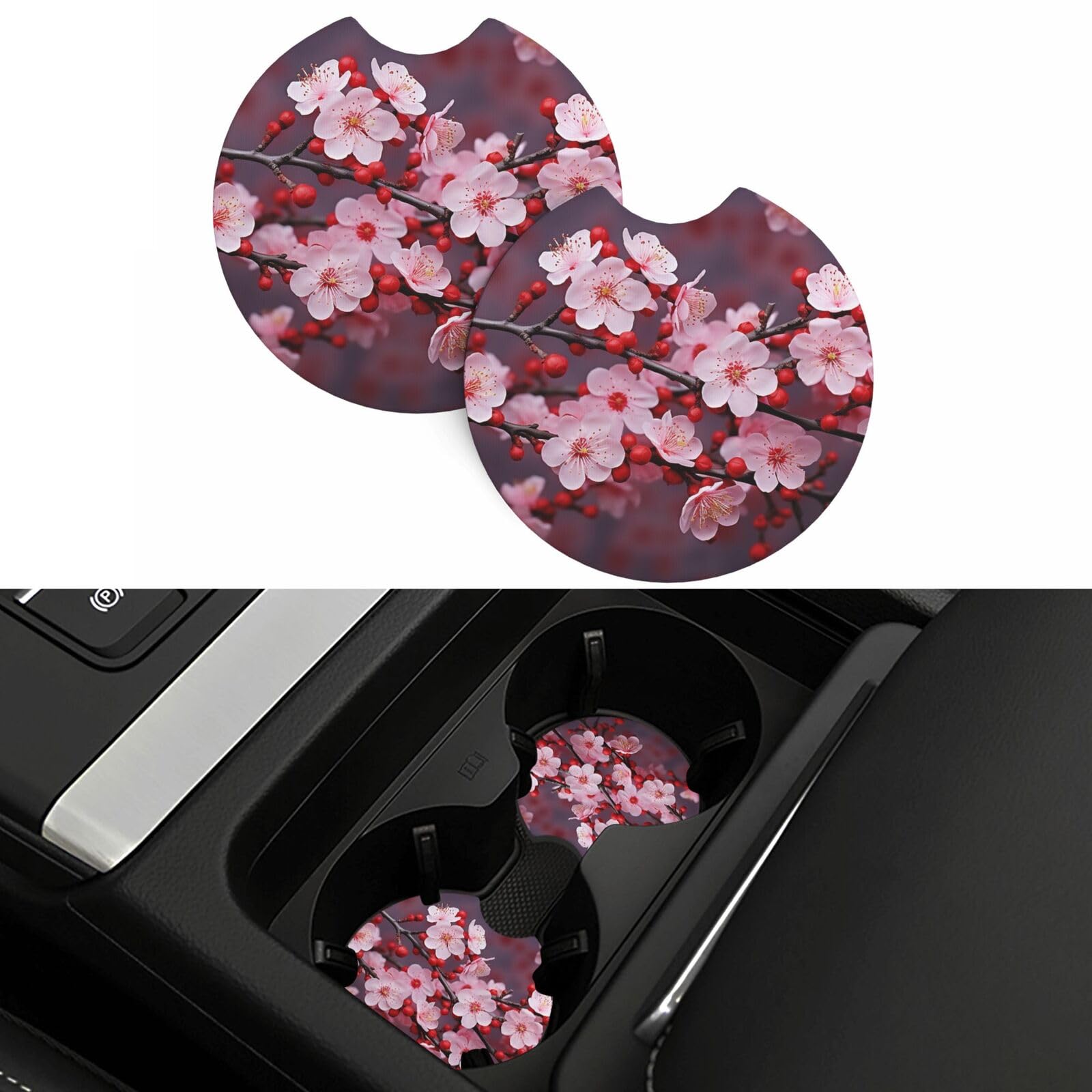 Pink Plum Blossom Car Coasters 2 Pcs, Universal Non-Slip Rubber Car Cup Holder for Cup Holders, 2.75 Inch Neoprene Cup Pad Mat Coaster Car Interior Accessories for Women Men