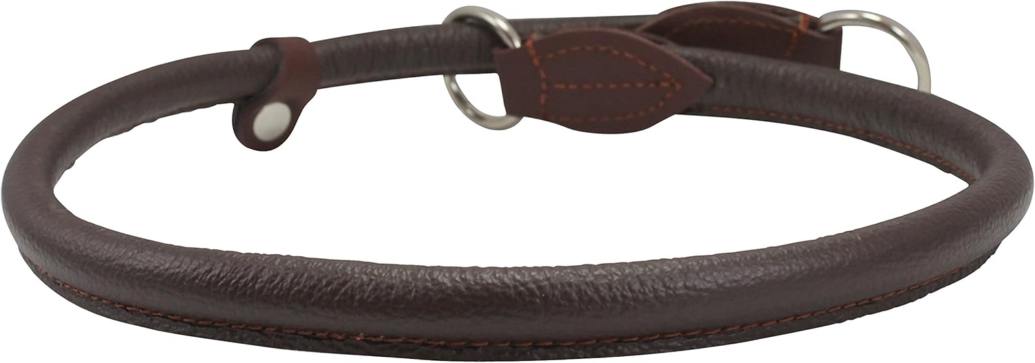 Round Genuine Rolled Leather Choke Dog Collar Brown (26" Long)