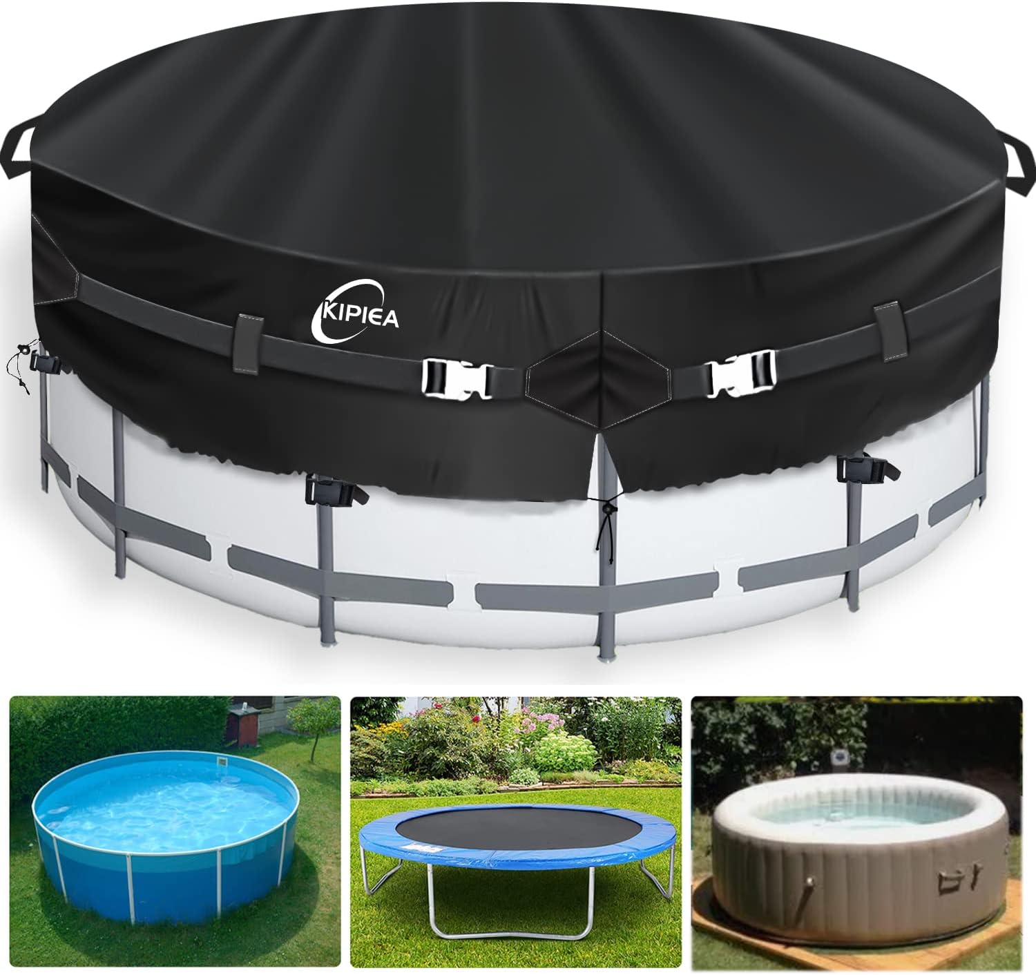 Kipiea 420D Round Above Ground Pool Cover, Upgraded Two Tighten Straps