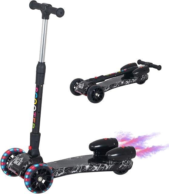 HOMCOM Scooter for Kids Toddler 3 Wheel Adjustable Height w/ Flashing Wheels Music Water Spray Foldable Kick Scooter for Boys and Girls 3 - 6 Yrs
