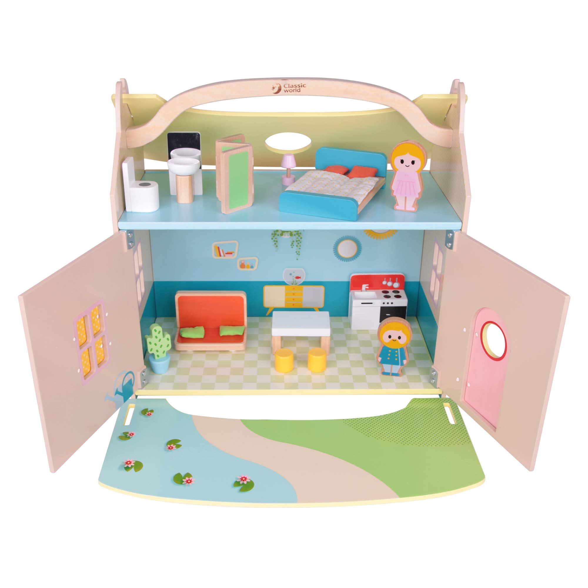 Hippychick Classic World - Wooden Modern Dream House, Doll's House with Furniture, Figurines and Garden
