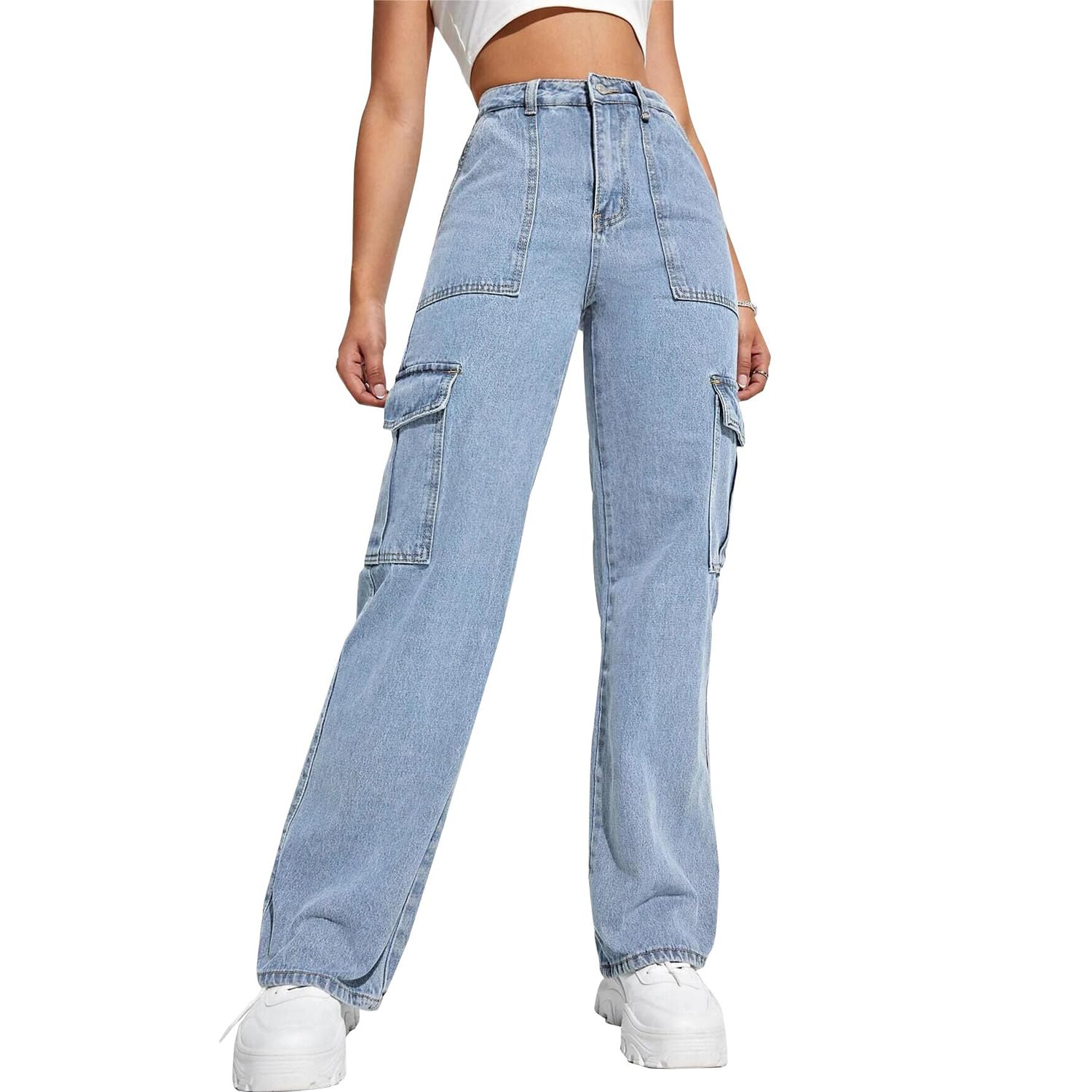 QYANGG High Waist Stretch Cargo Pants Women Baggy Multiple Pockets Relaxed Fit Straight Wide Leg Y2K Pants