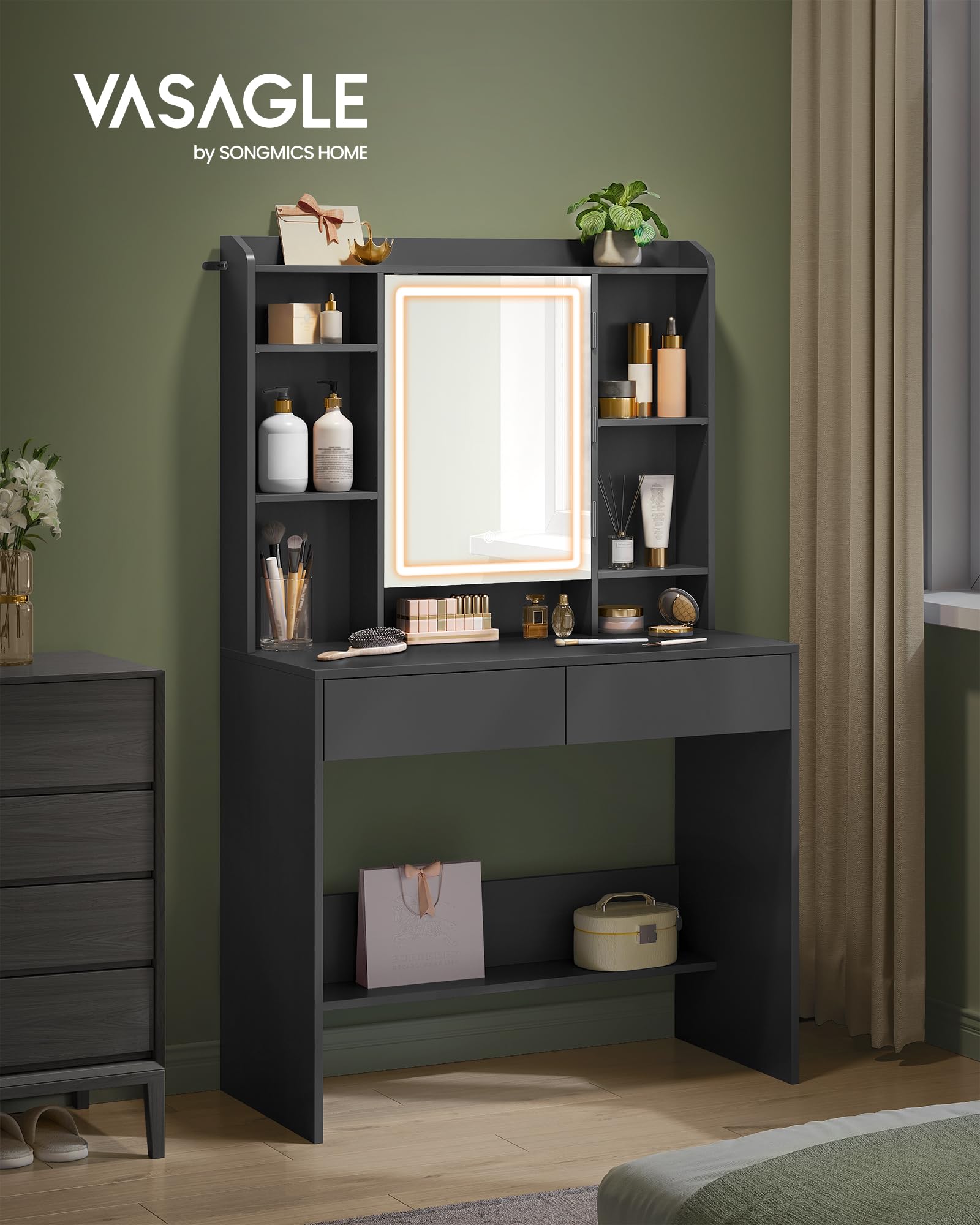 VASAGLE KAILYN Collezione - Toeletta con Luci LED 3 Colorazioni con Luminosità Regolabile, Tavolo da Trucco con Specchio, Ripiani Regolabili, 2 Cassetti, Postazione Trucco, Nero Inchiostro RDT123B01