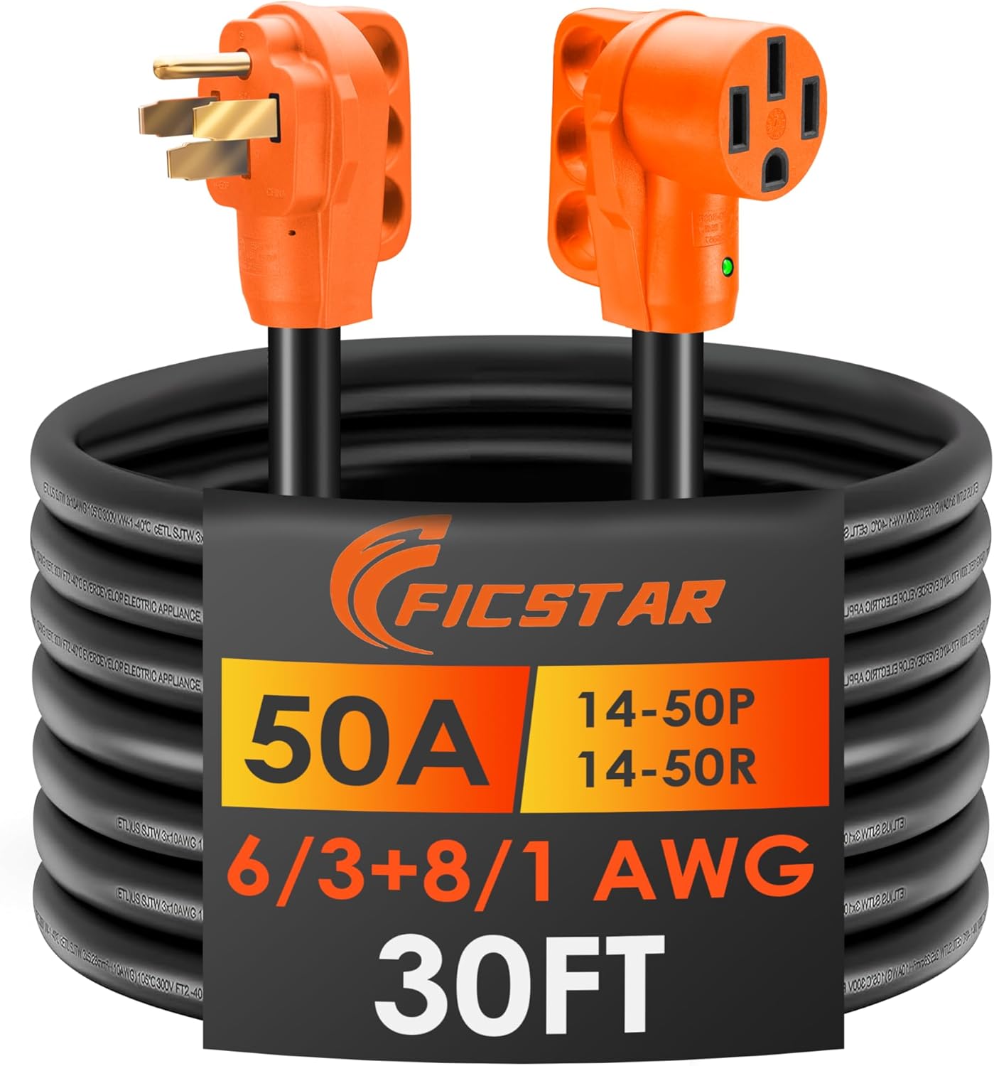 30FT 50 Amp RV Extension Cord Outdoor with Grip Handle, 125/250V, 12500W, 4 Prong, Heavy Duty 6/3+8/1 Gauge STW, NEMA 14-50P to 14-50R with LED Power Indicator & Polarity Lamp, ETL Listed